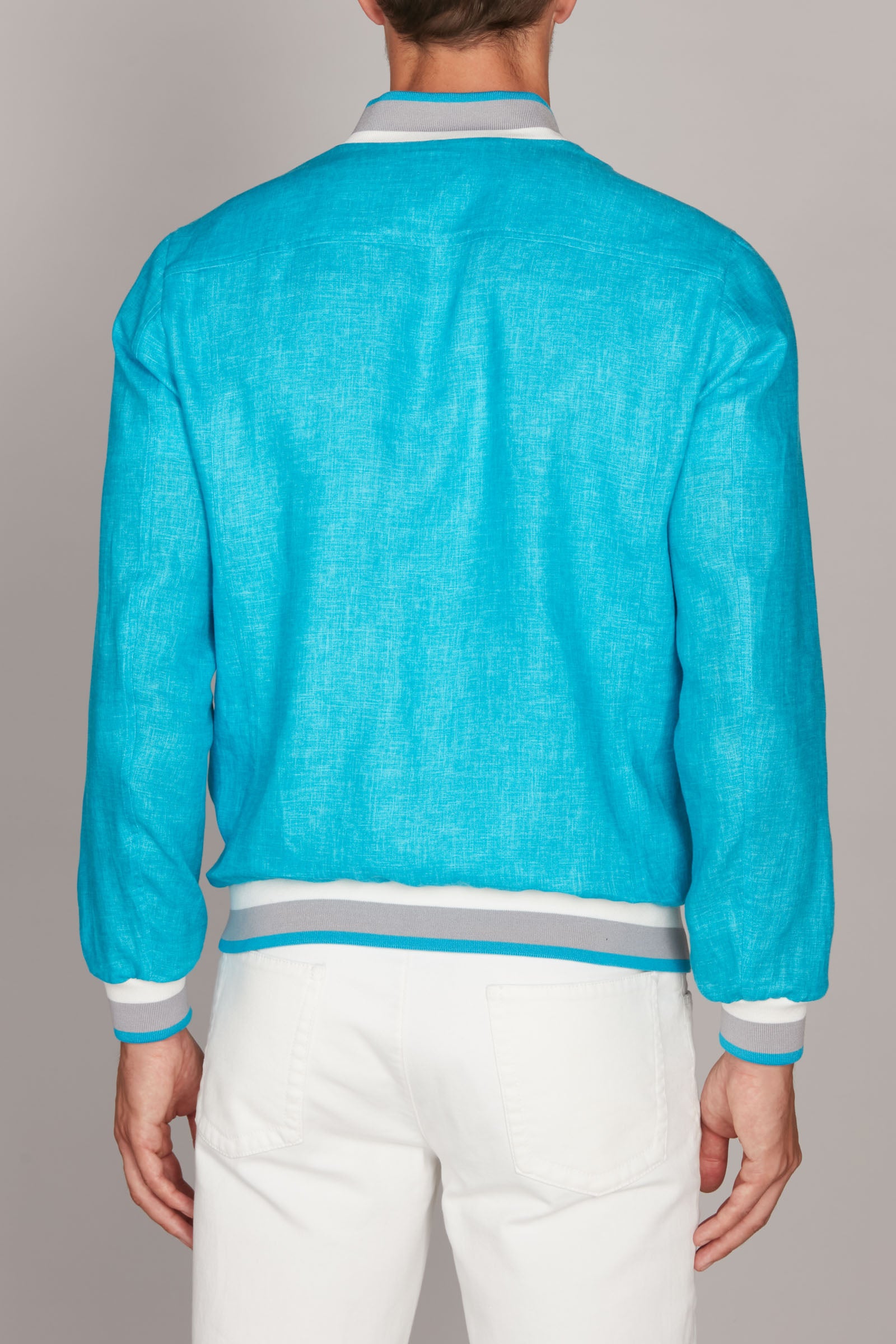 Blouson aviateur à bord-côte rayé en lin - Bleu & Blanc