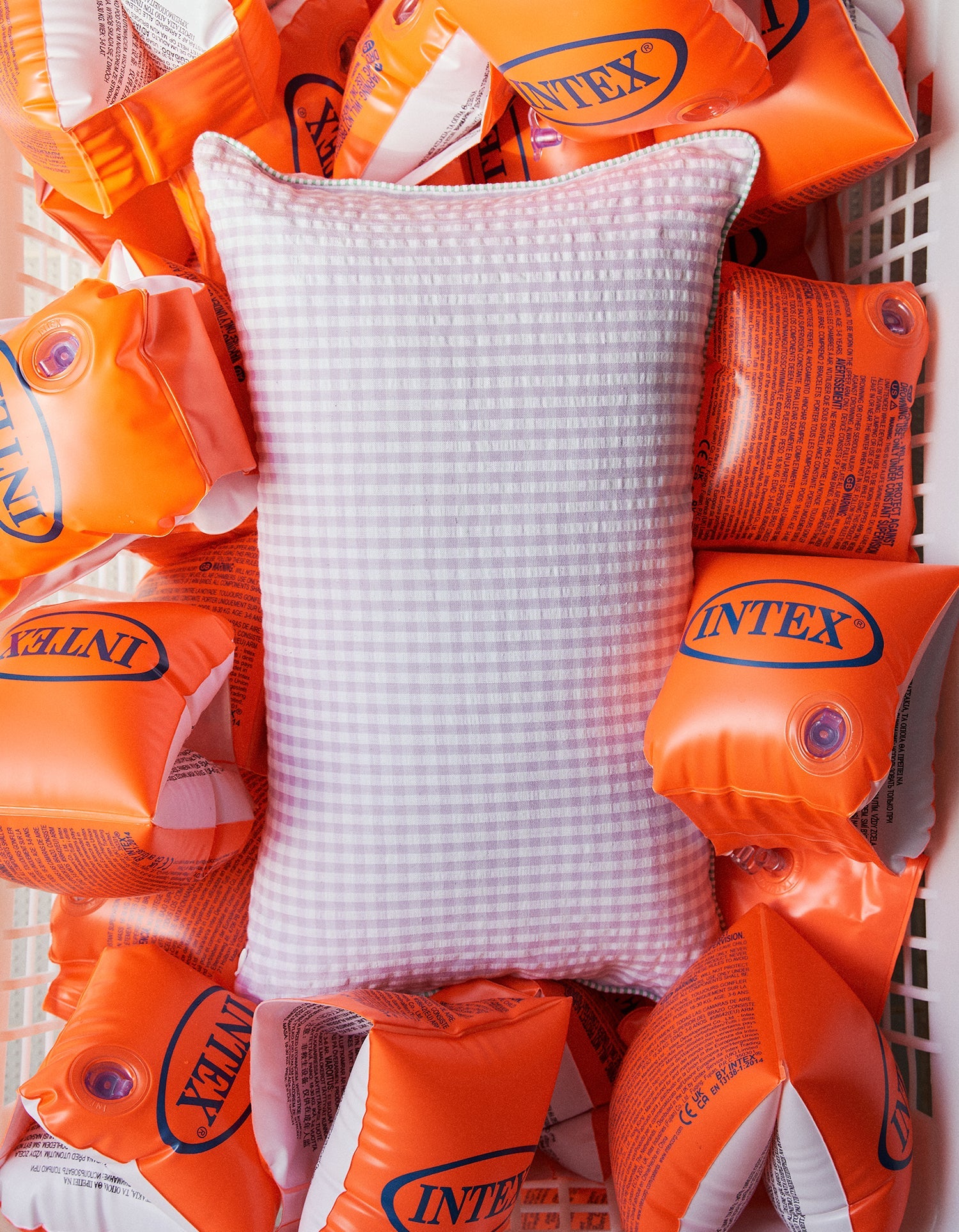 Housse de coussin Seersucker en coton tissé - Vichy Lilas