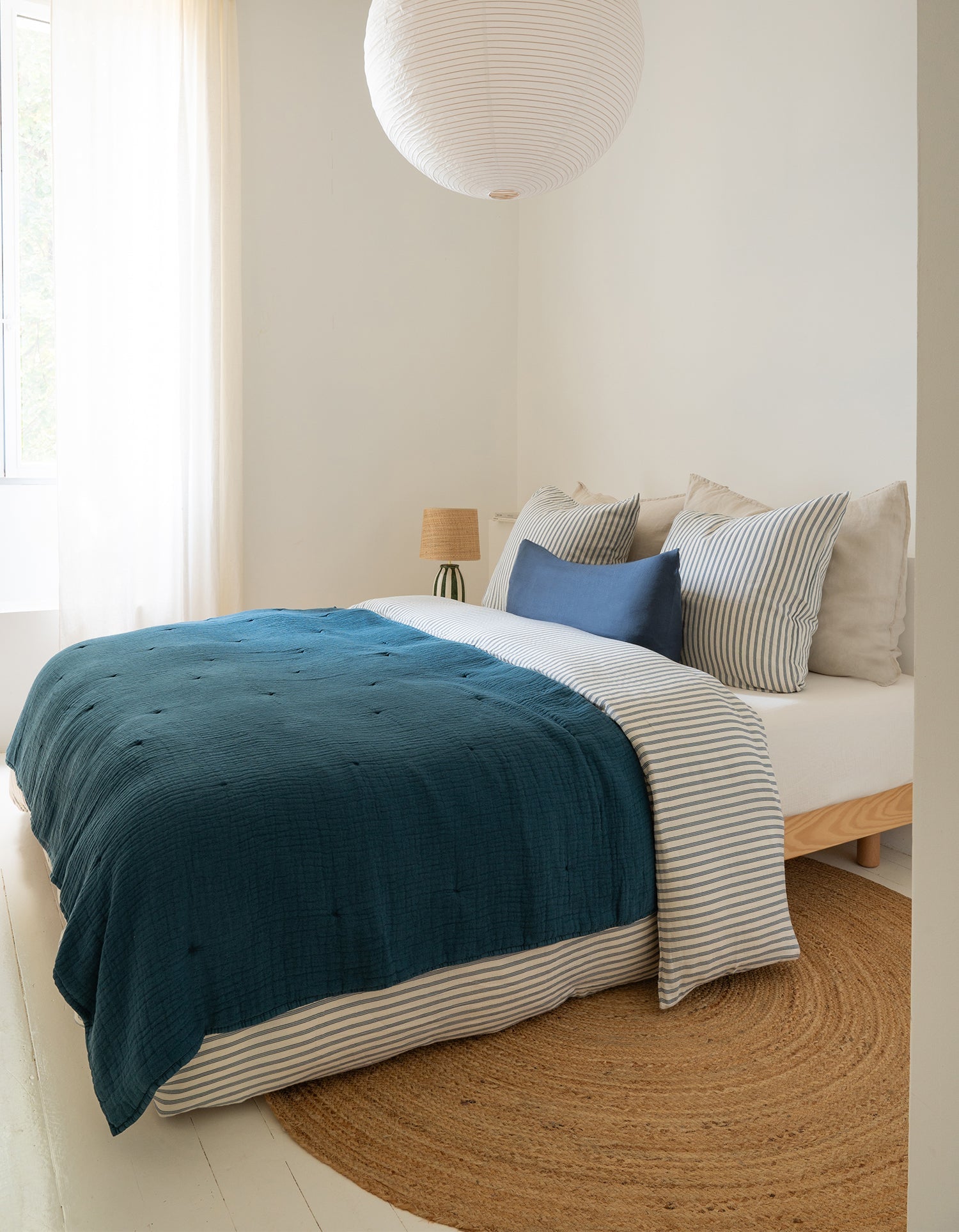 Couvre-lit Boutis en satin de coton lavé - Bleu Minéral
