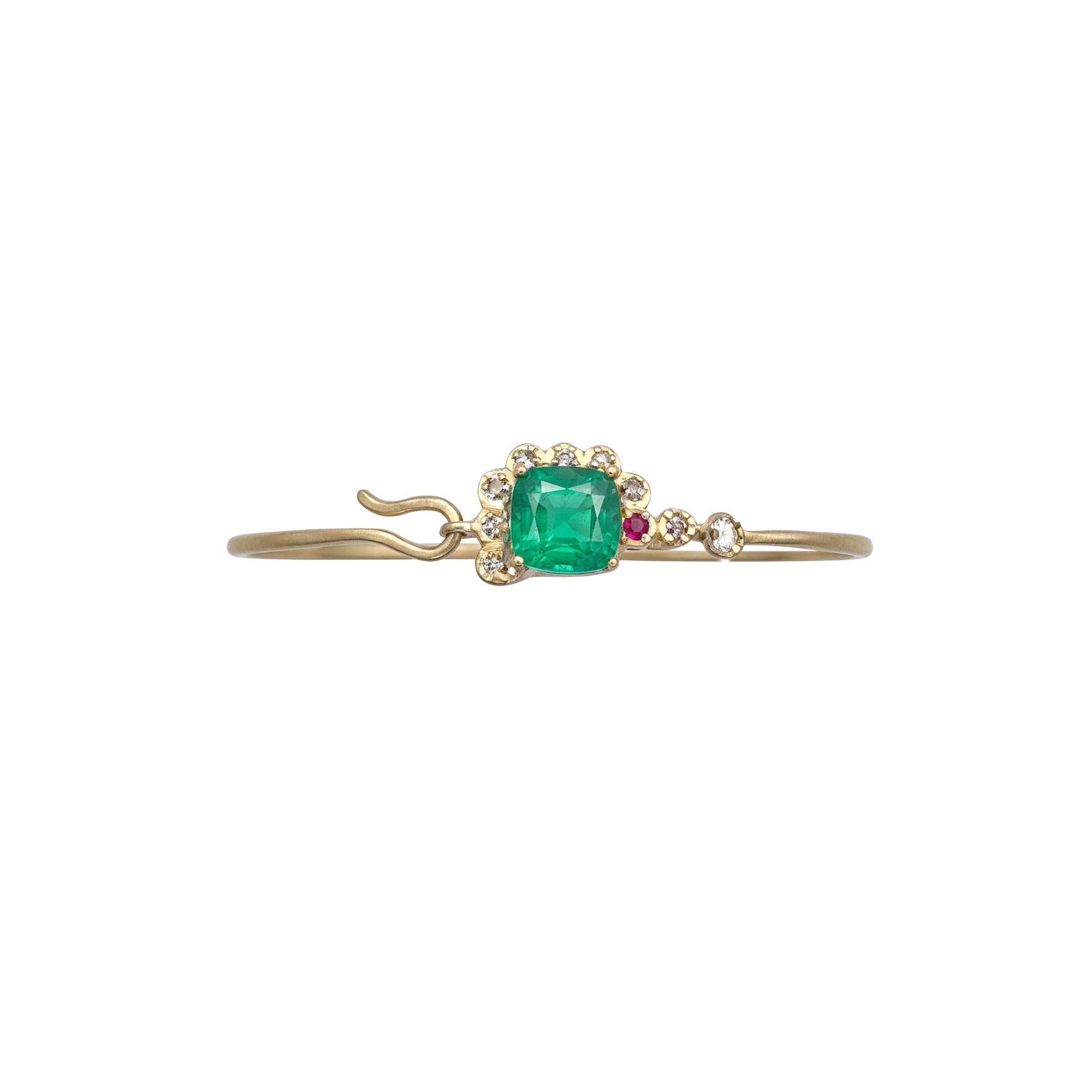 Bracelet en or jaune sertie de diamant - Calcédoine verte & Rubis