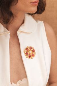 Broche Rosace dorée à l'or fin et multipierres - Rose & Blanc