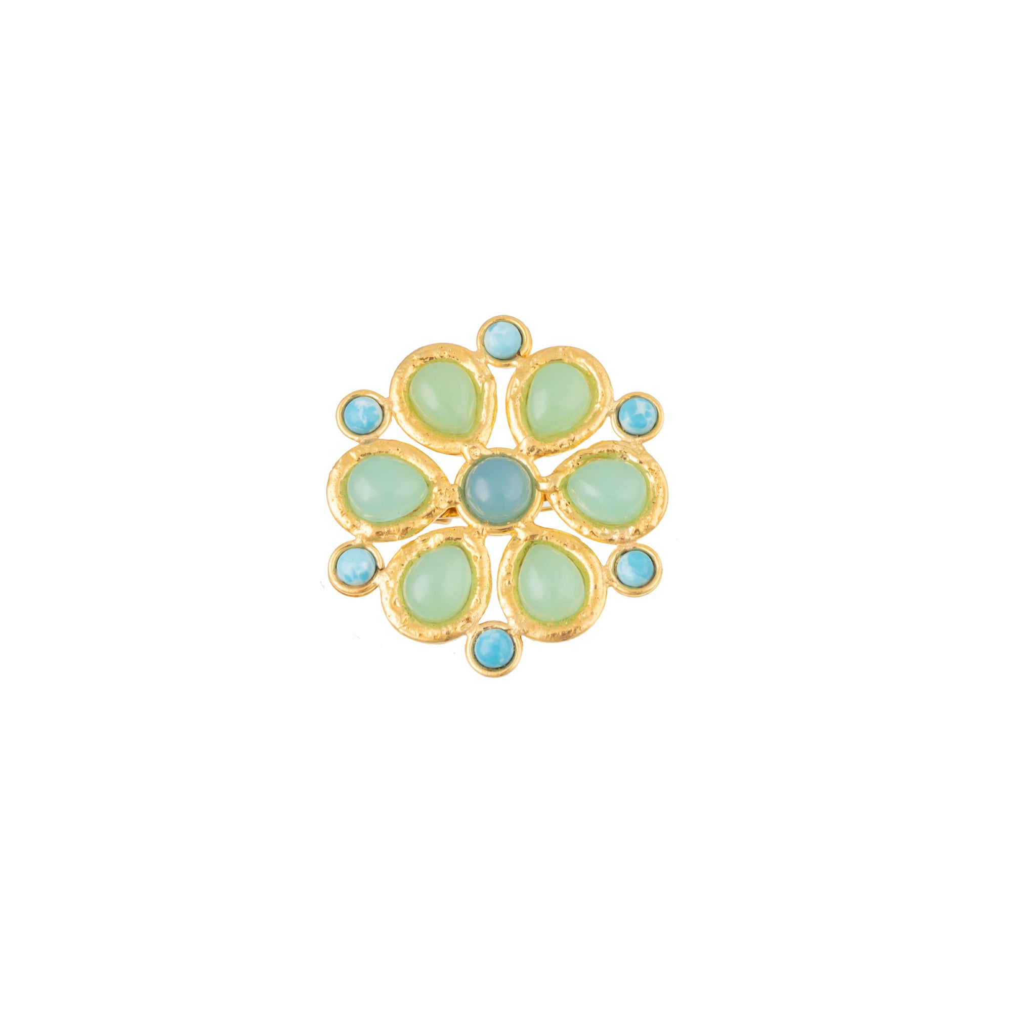 Broche Rosace dorée à l'or fin et multipierres - Vert