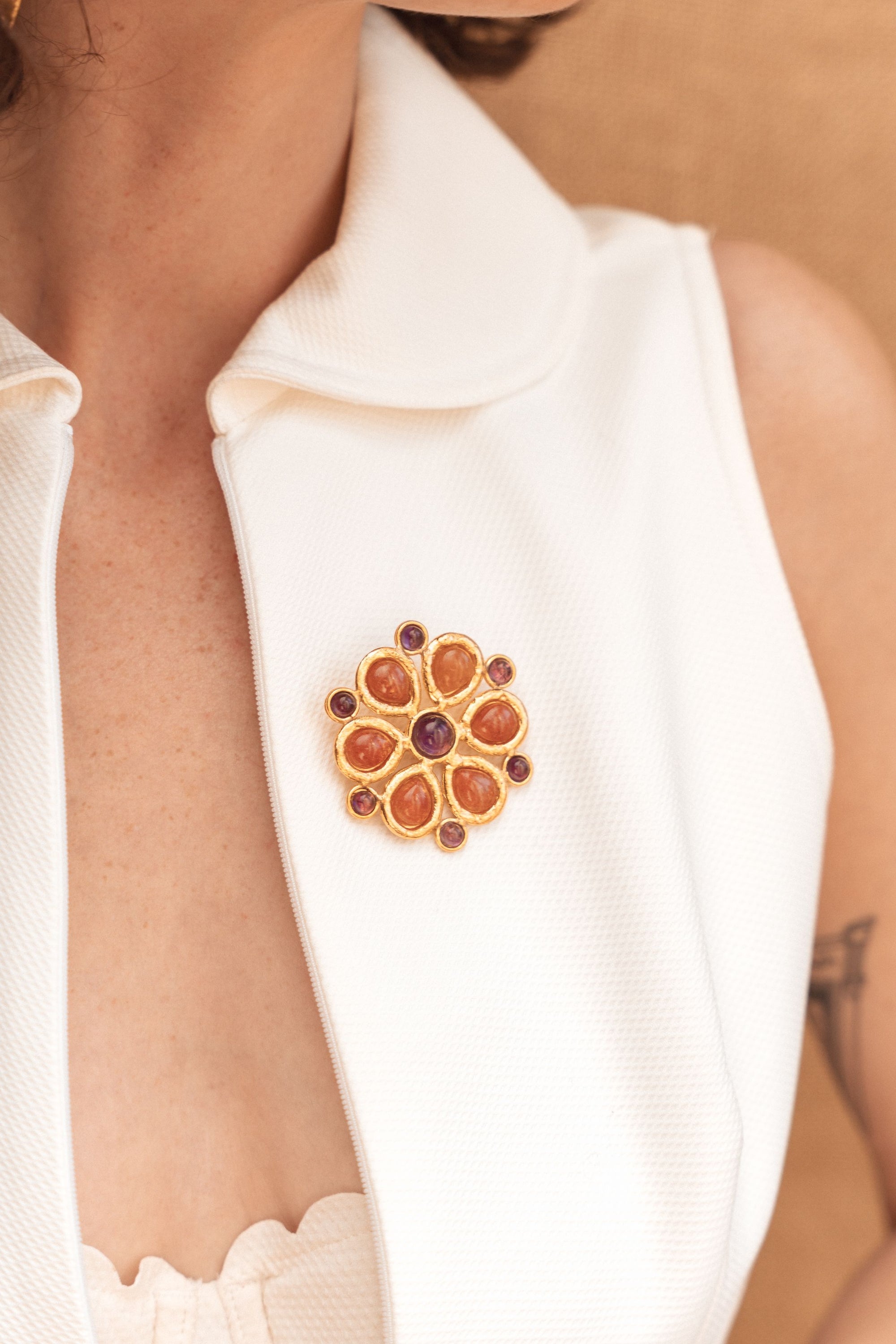 Broche Rosace fine gold multi-stone - Orange & Violet