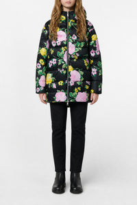 Floral print long padded jacket - Black