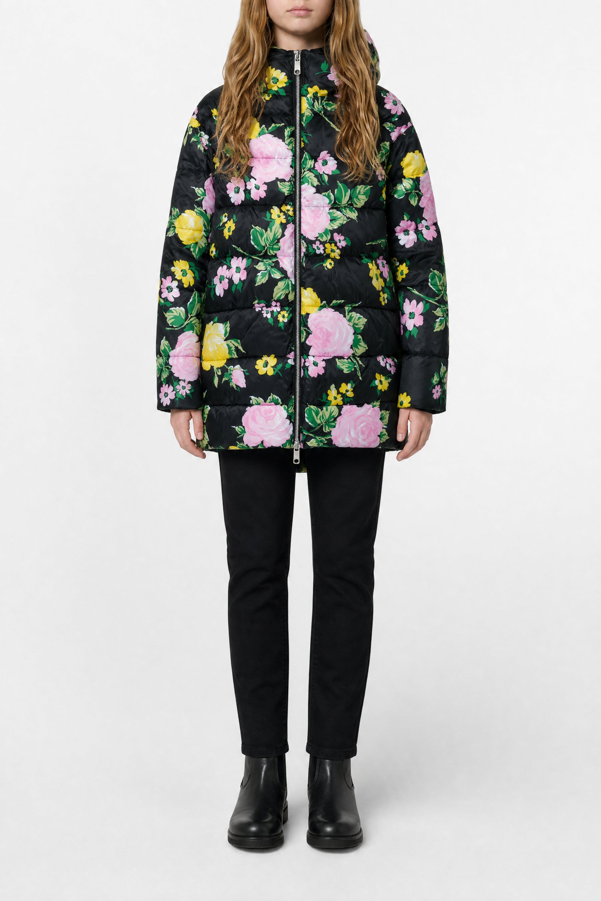 Floral print long padded jacket - Black