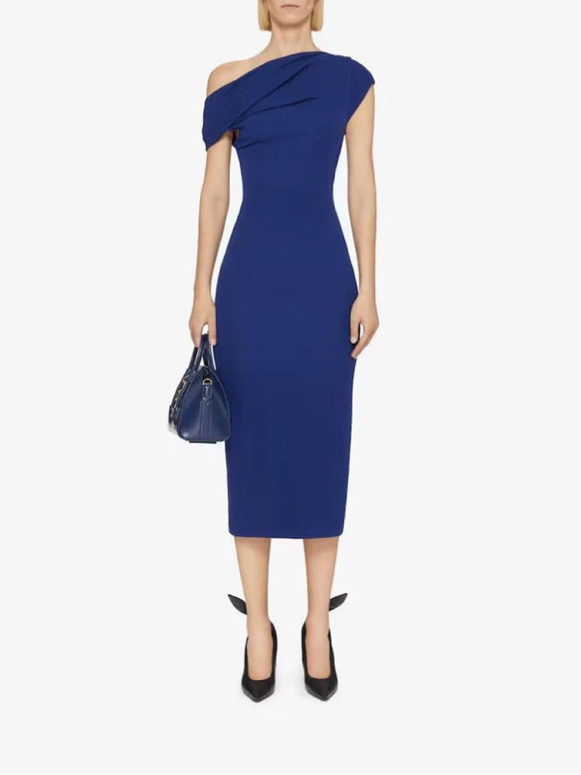 OFF SHOULDER DRAPE MIDI DRESS
