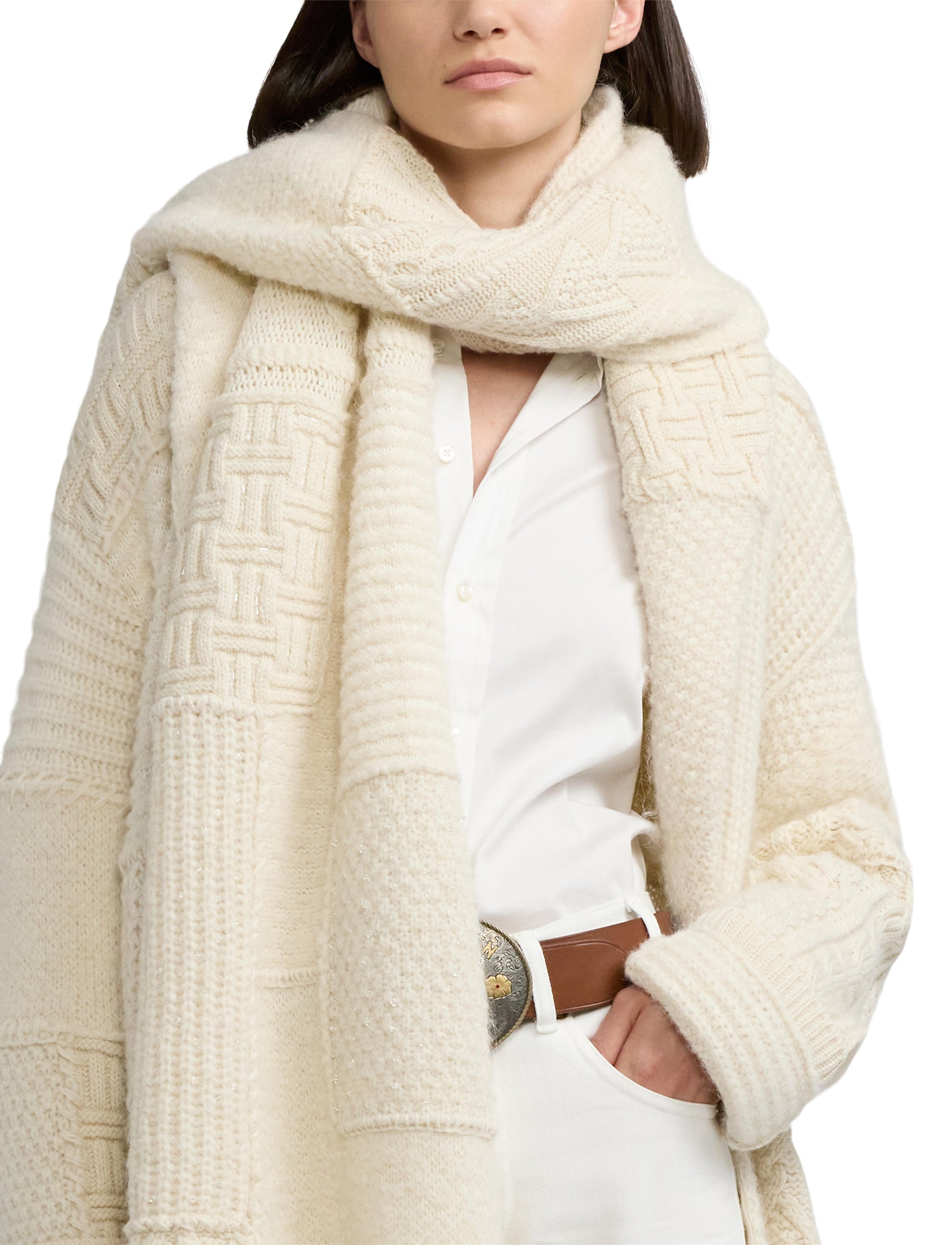 Embellished patchwork scarf in wool and cashmere blend - Classic Cream