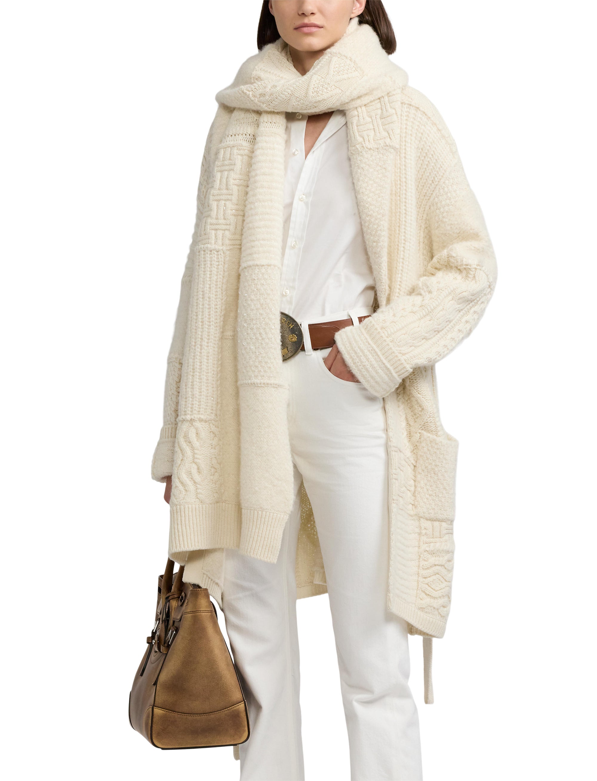 Embellished patchwork scarf in wool and cashmere blend - Classic Cream