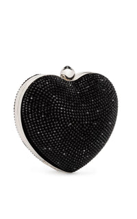 Small Cristal Heart minaudière in leather & rhinestones - Black