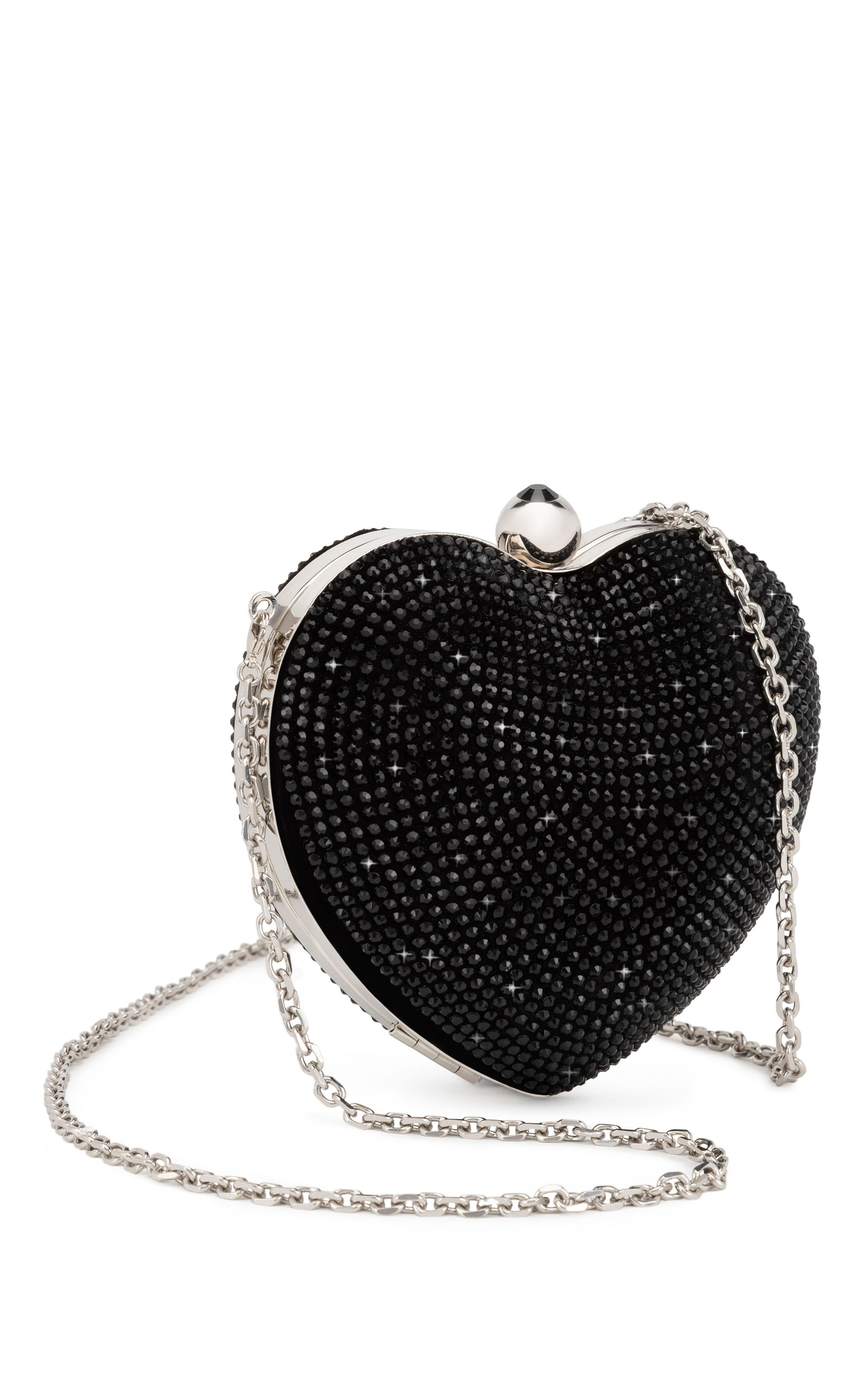 Small Cristal Heart minaudière in leather & rhinestones - Black