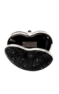Small Cristal Heart minaudière in leather & rhinestones - Black