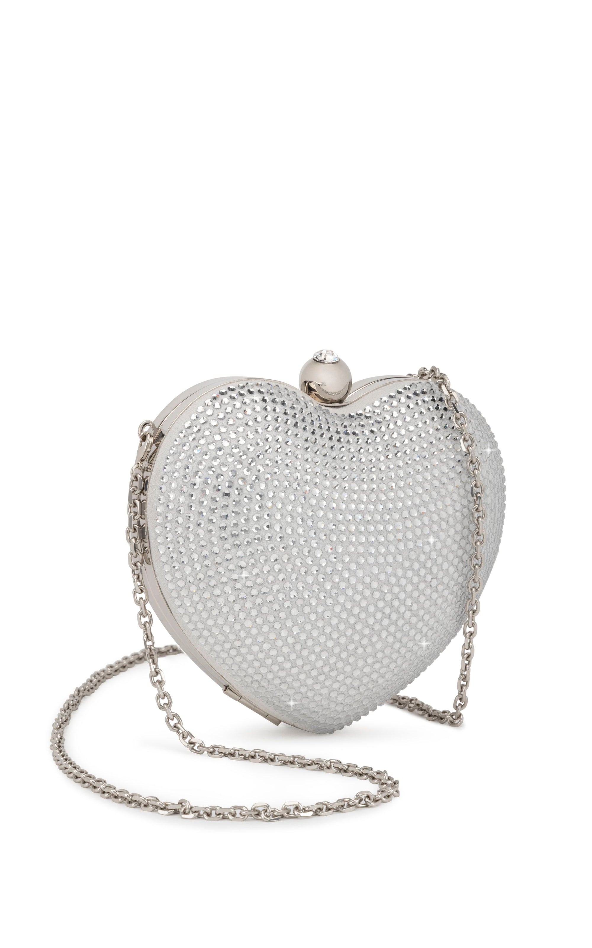 Small Cristal Heart minaudière in leather & rhinestones - White