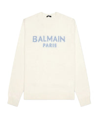 Pull à logo Balmain Paris en laine - Blanc & Bleu Pâle