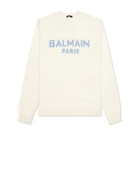 Pull en laine mérinos à logo Balmain paris - Blanc & Bleu Pâle