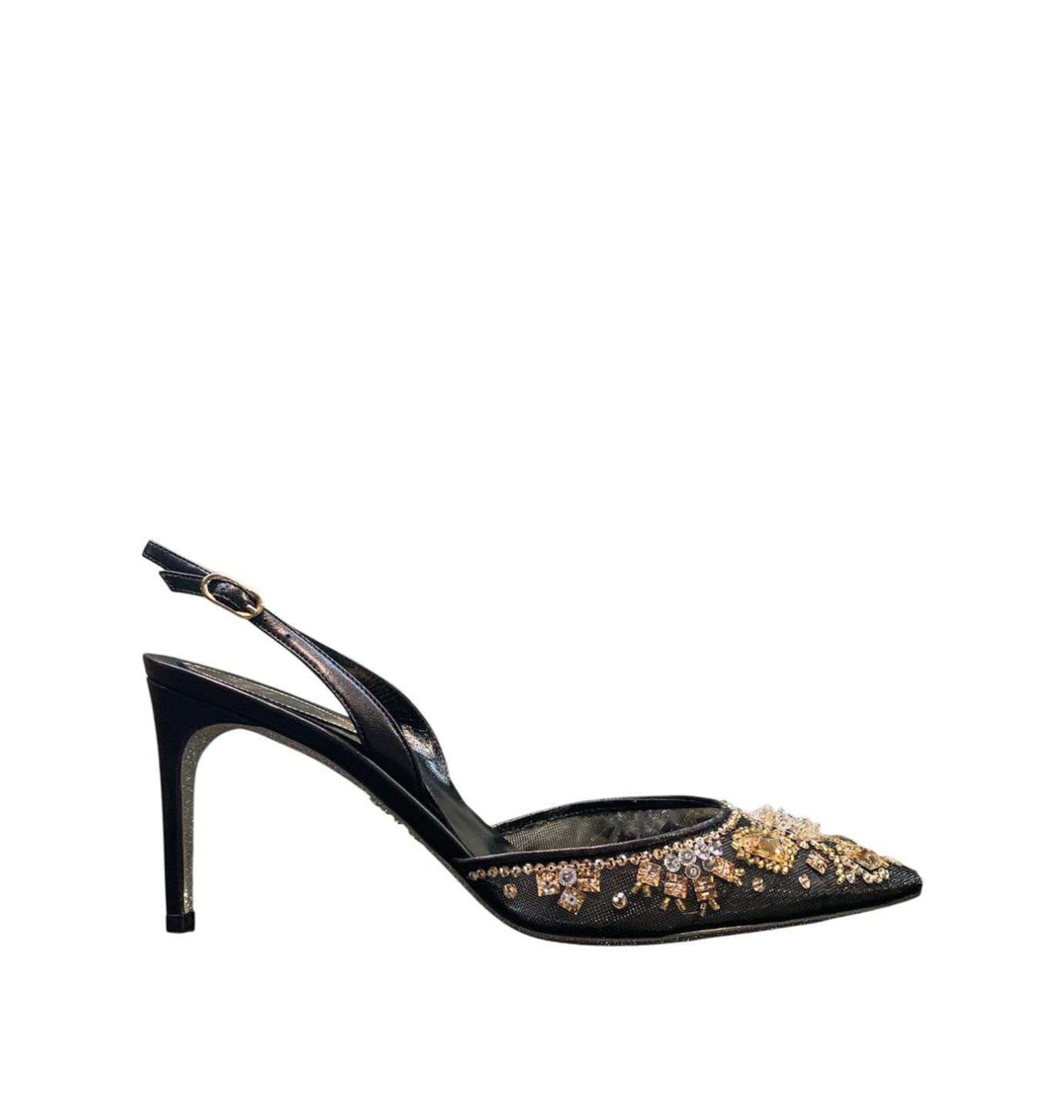 Slingbacks Aretha 80 à strass en cuir - Nero & Oro