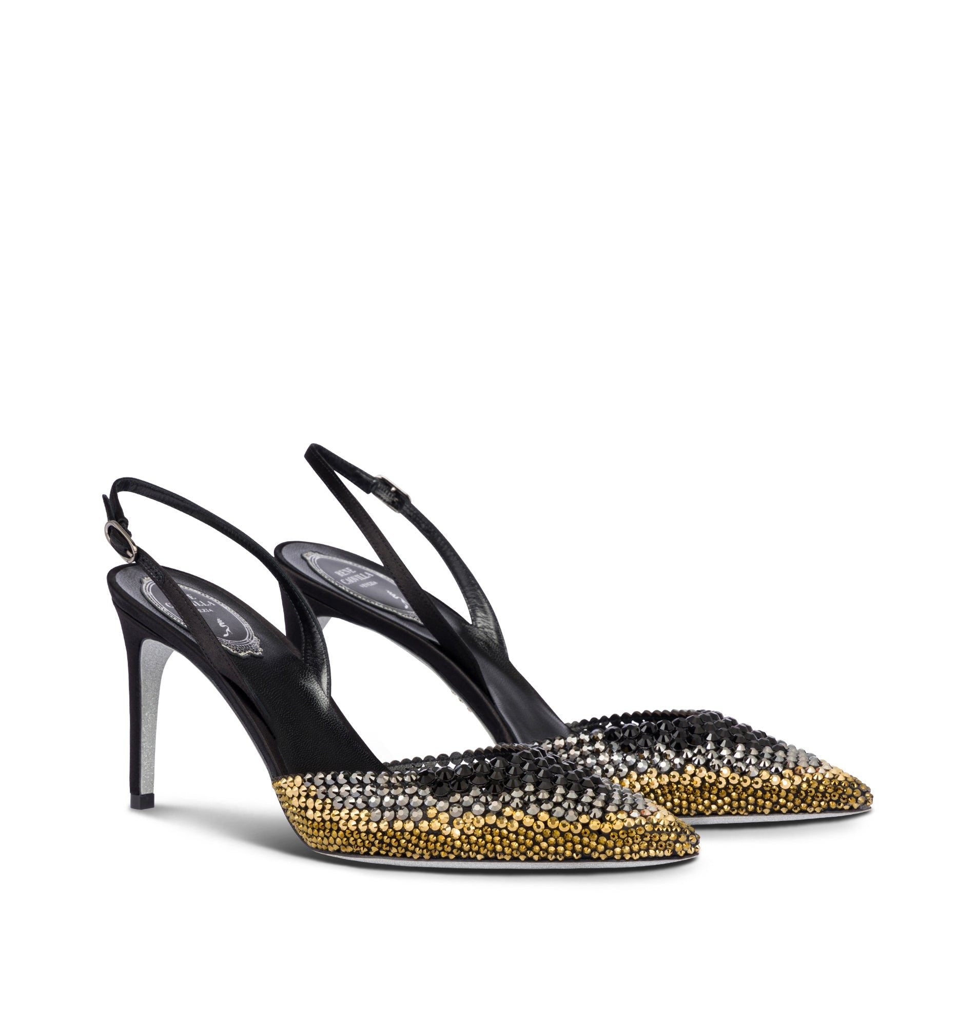 Slingbacks Jackie 80 à strass en satin - Nero & Jet Dorado