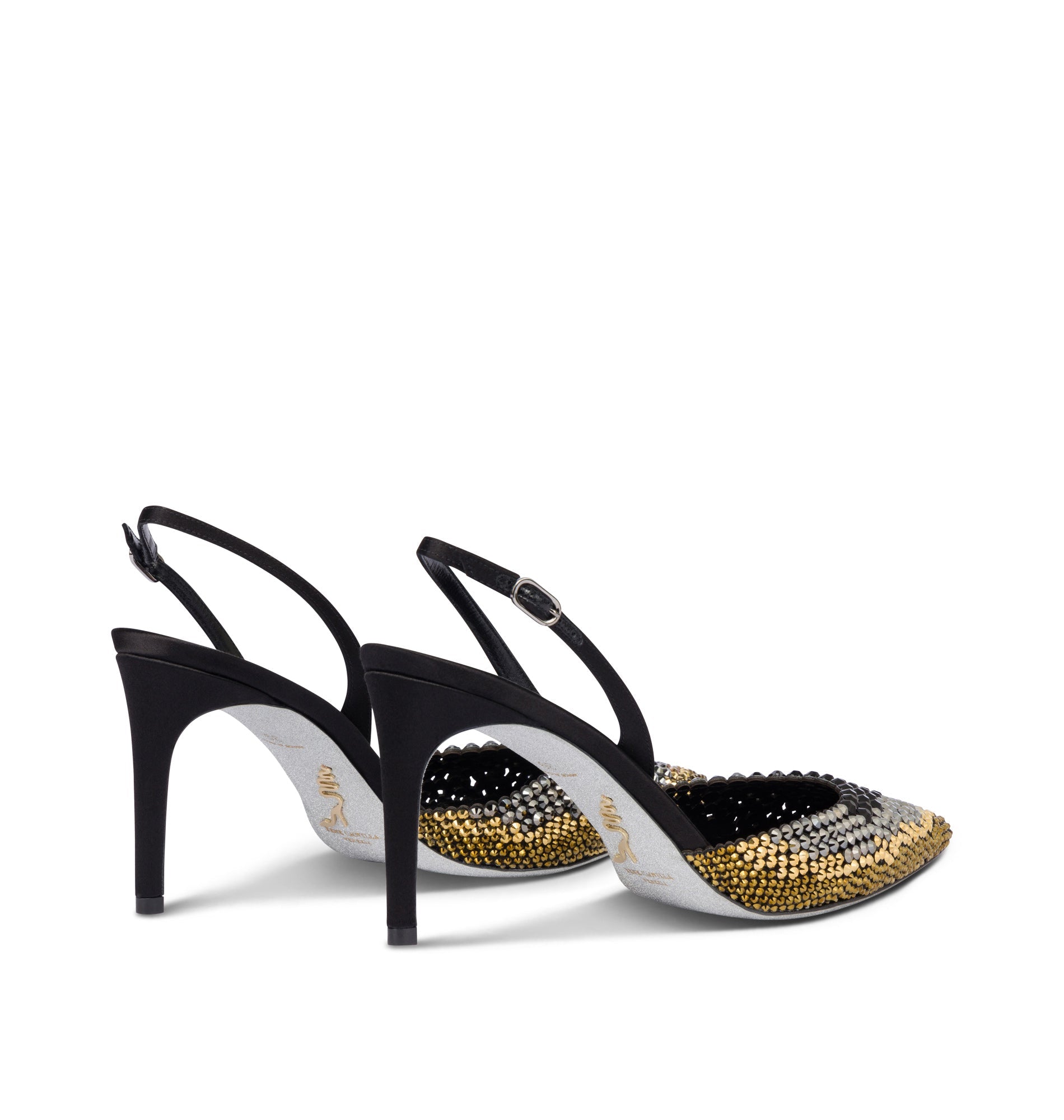 Slingbacks Jackie 80 à strass en satin - Nero & Jet Dorado