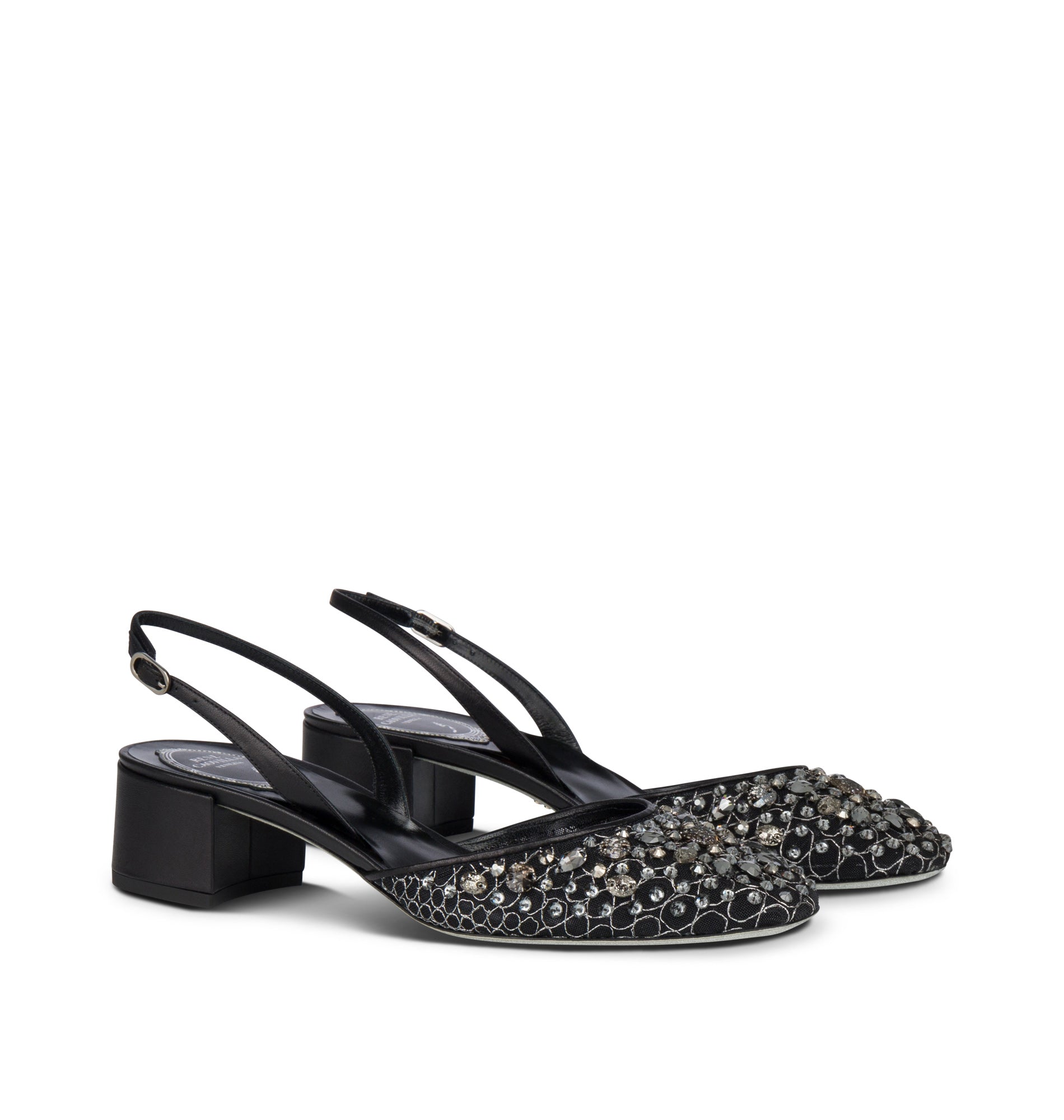 Slingbacks Cinderella 40 à strass en cuir et tissu - Nero & Silver Night