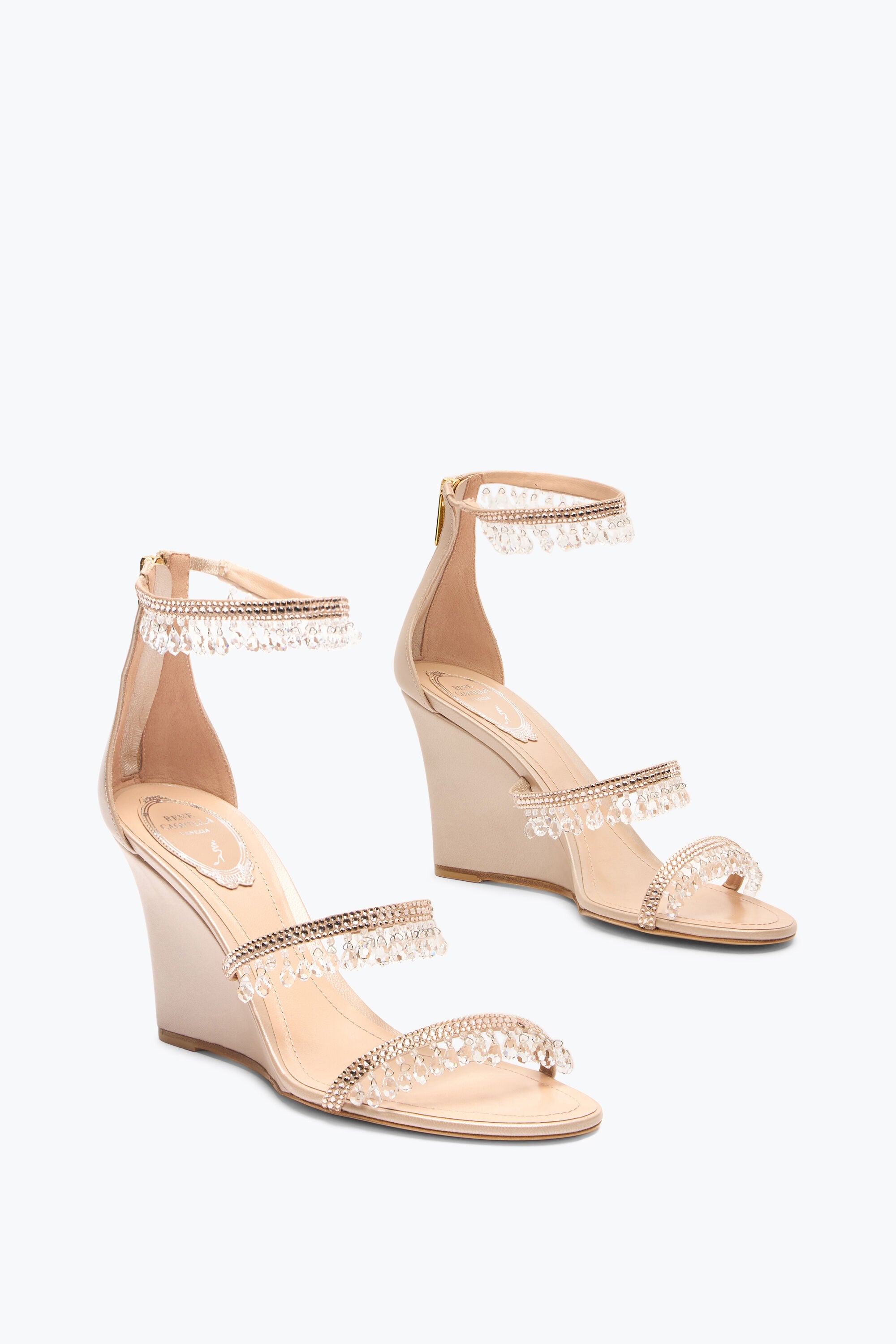Chandelier 80 satin rhinestone wedge sandals - Nude & Silk