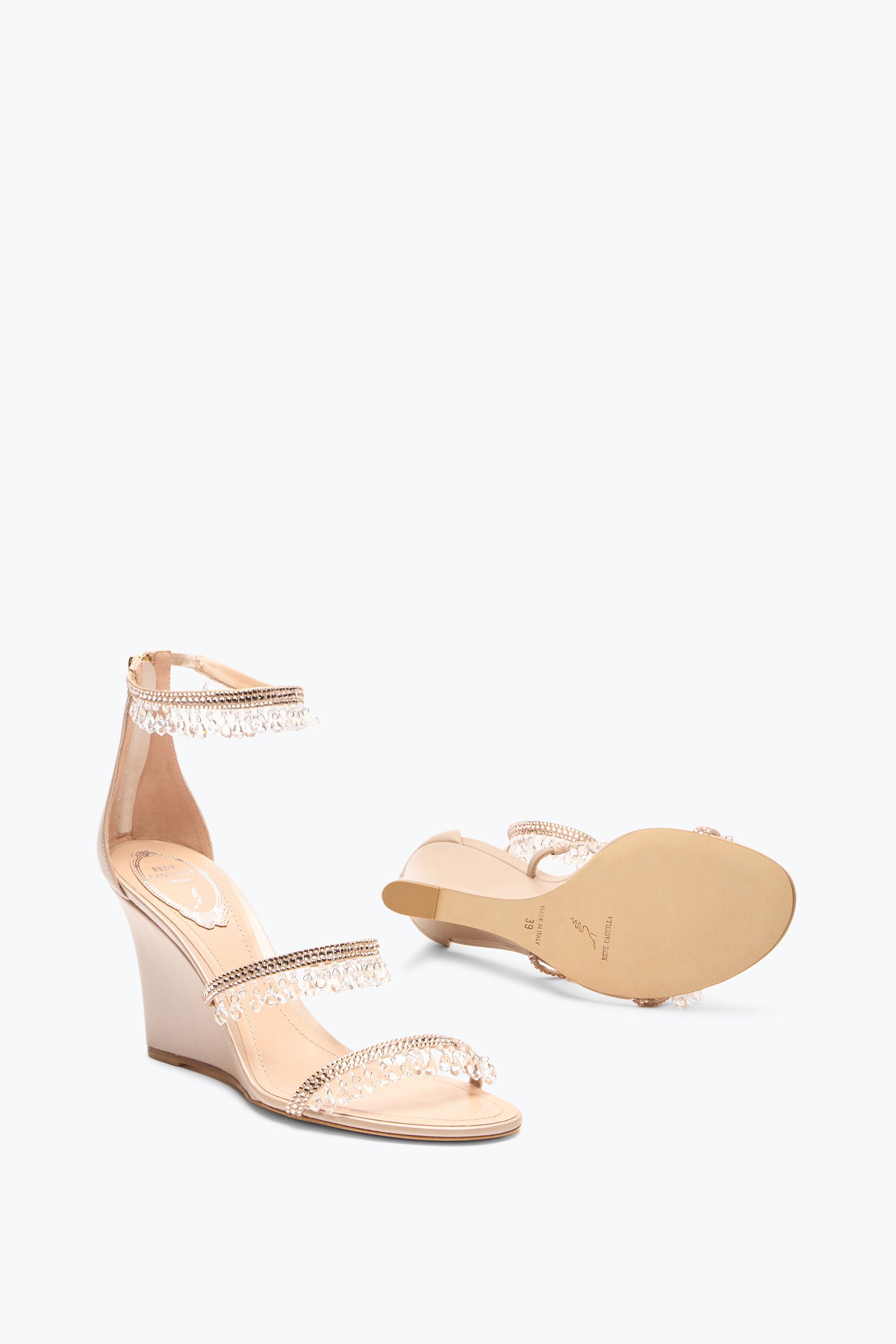 Chandelier 80 satin rhinestone wedge sandals - Nude & Silk
