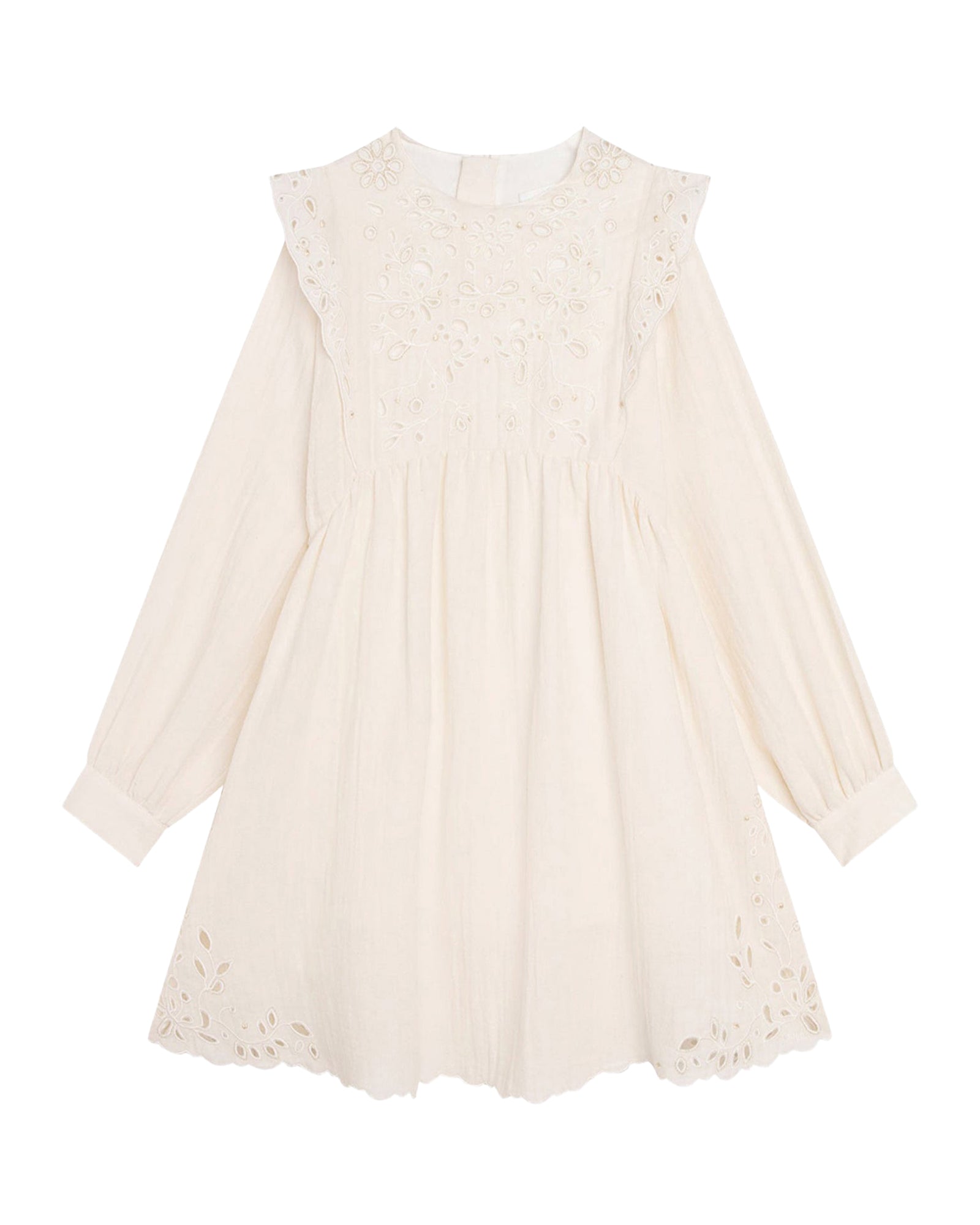 Cotton dress with ruffles and broderie anglaise - Craie
