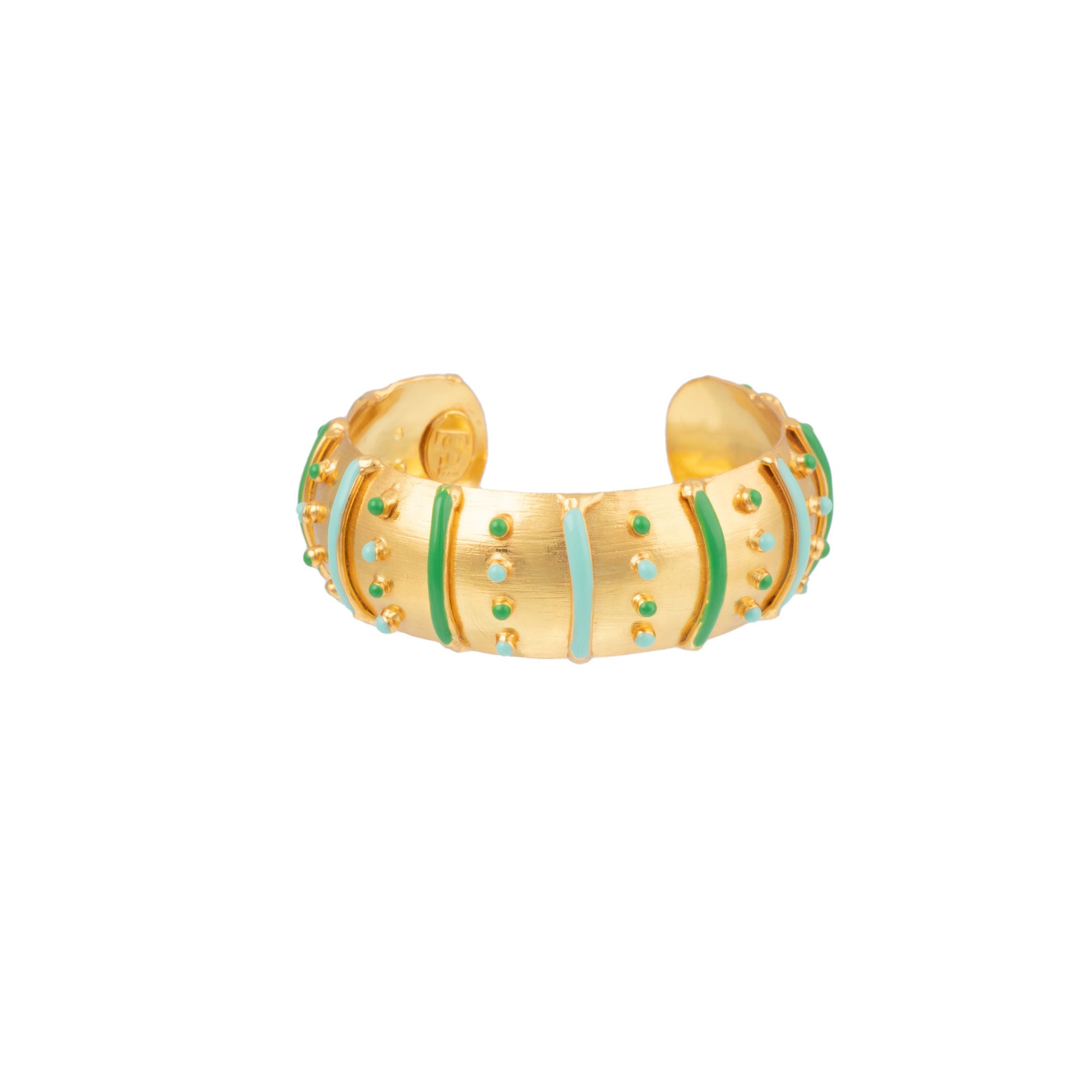 Manchette Gipsy dorée à l'or fin et émail - Vert & Turquoise