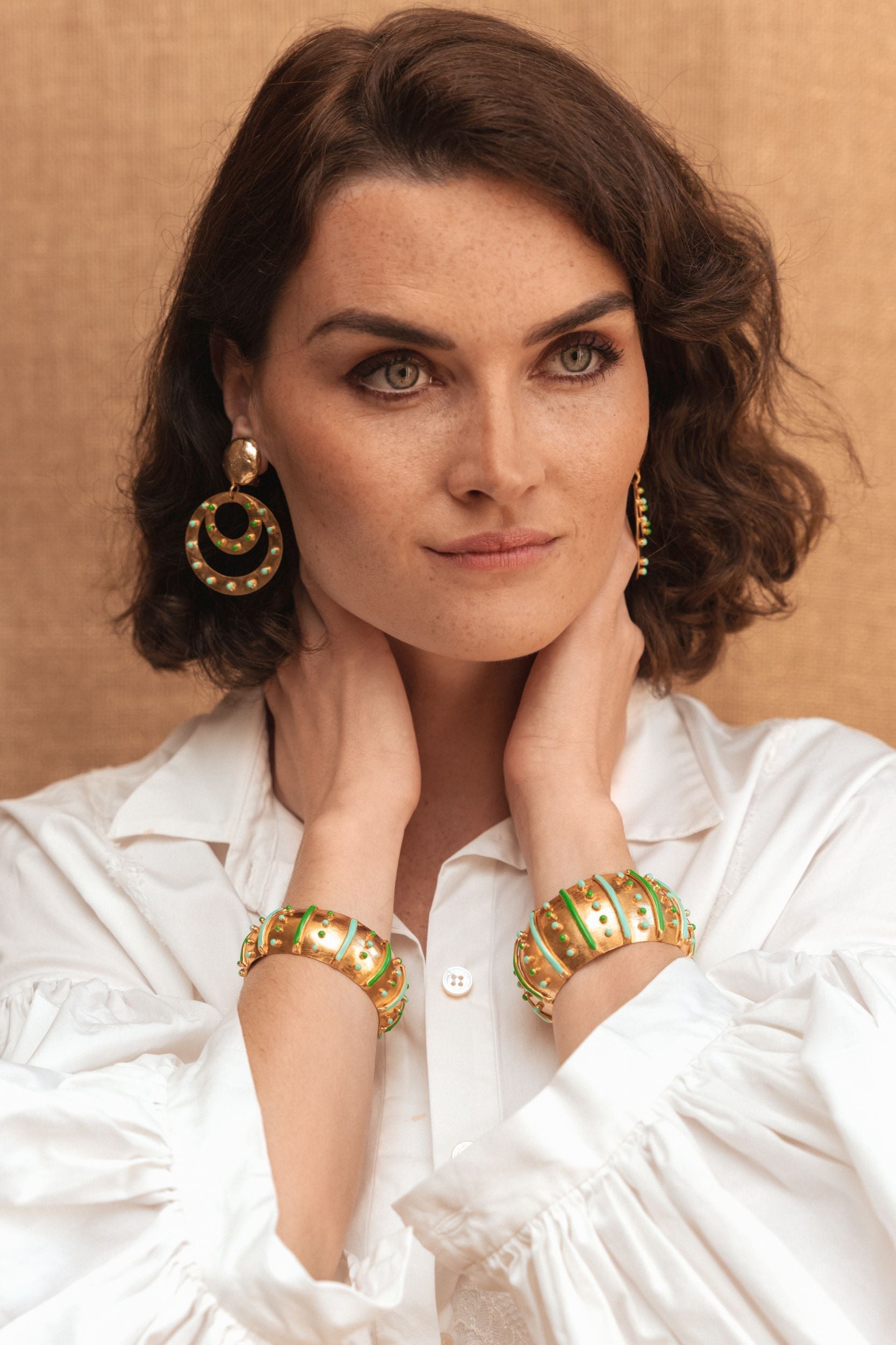 Cosmos clip on earrings fine gold plating and enamel - Green & Turquoise