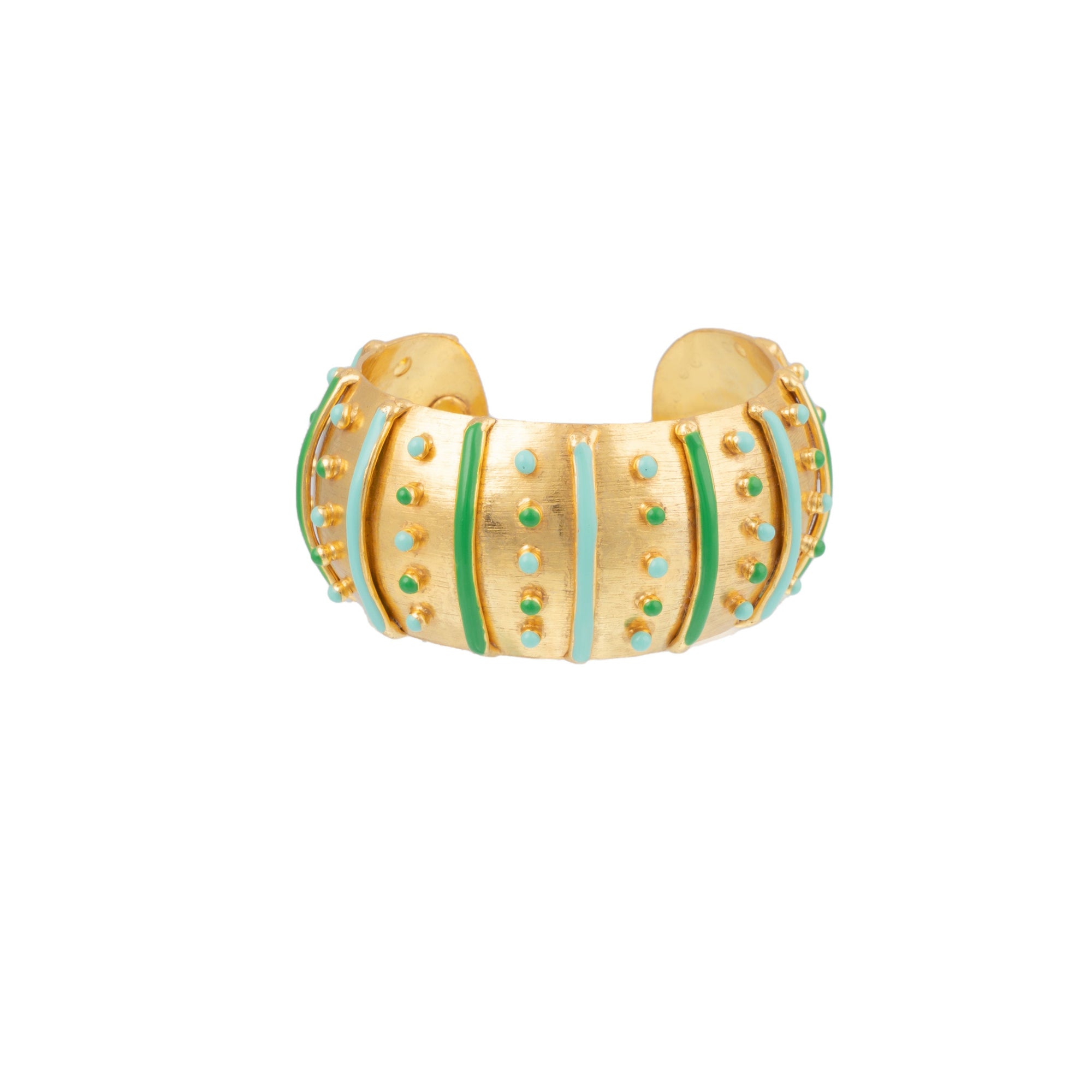 Manchette Gipsy dorée à l'or fin et émail - Vert & Turquoise