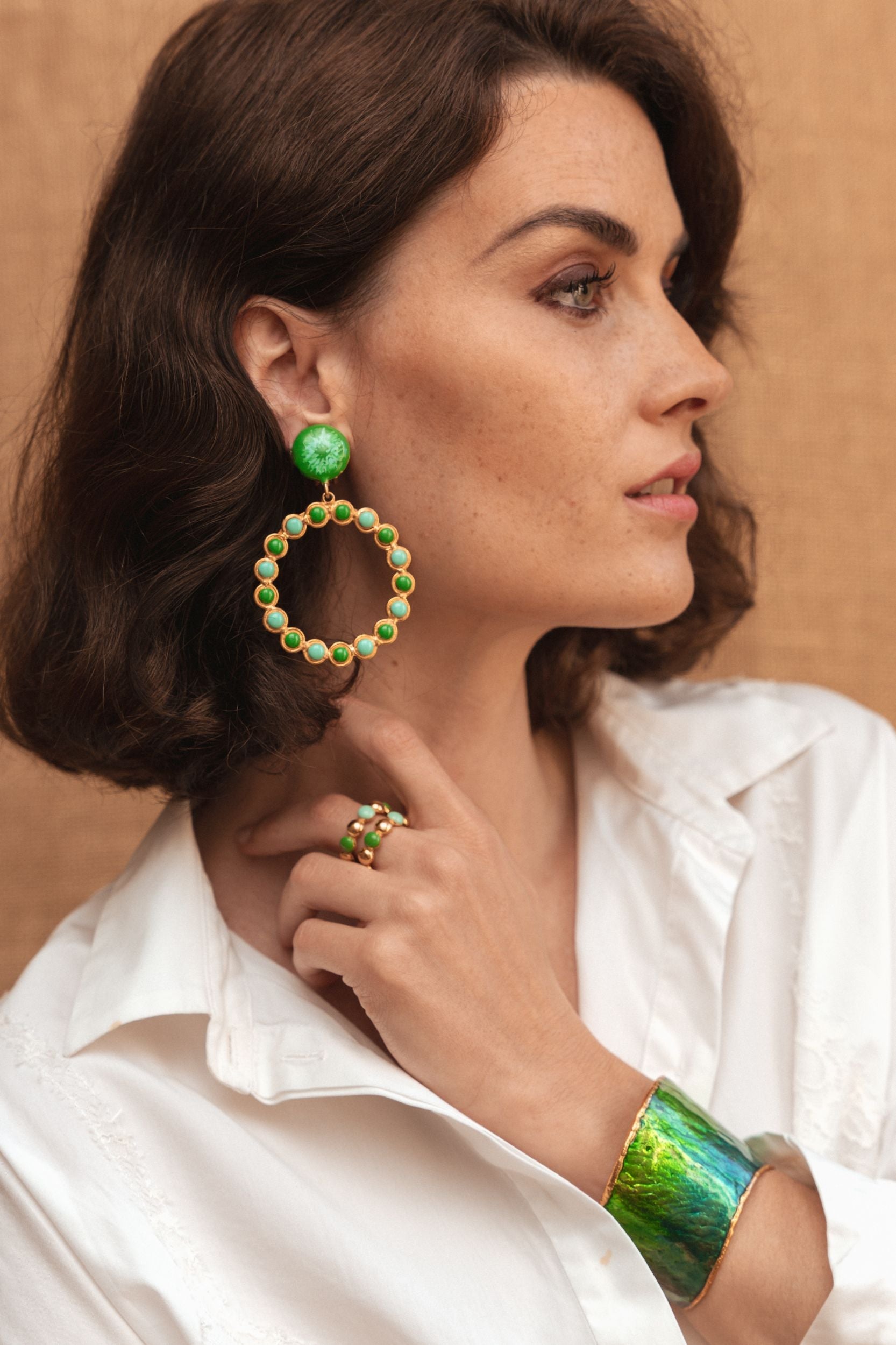 Clip earrings Happy Flower gilded in fine gold and enamel - Green Enamel