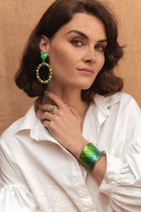 Clip earrings Happy Flower gilded in fine gold and enamel - Green Enamel