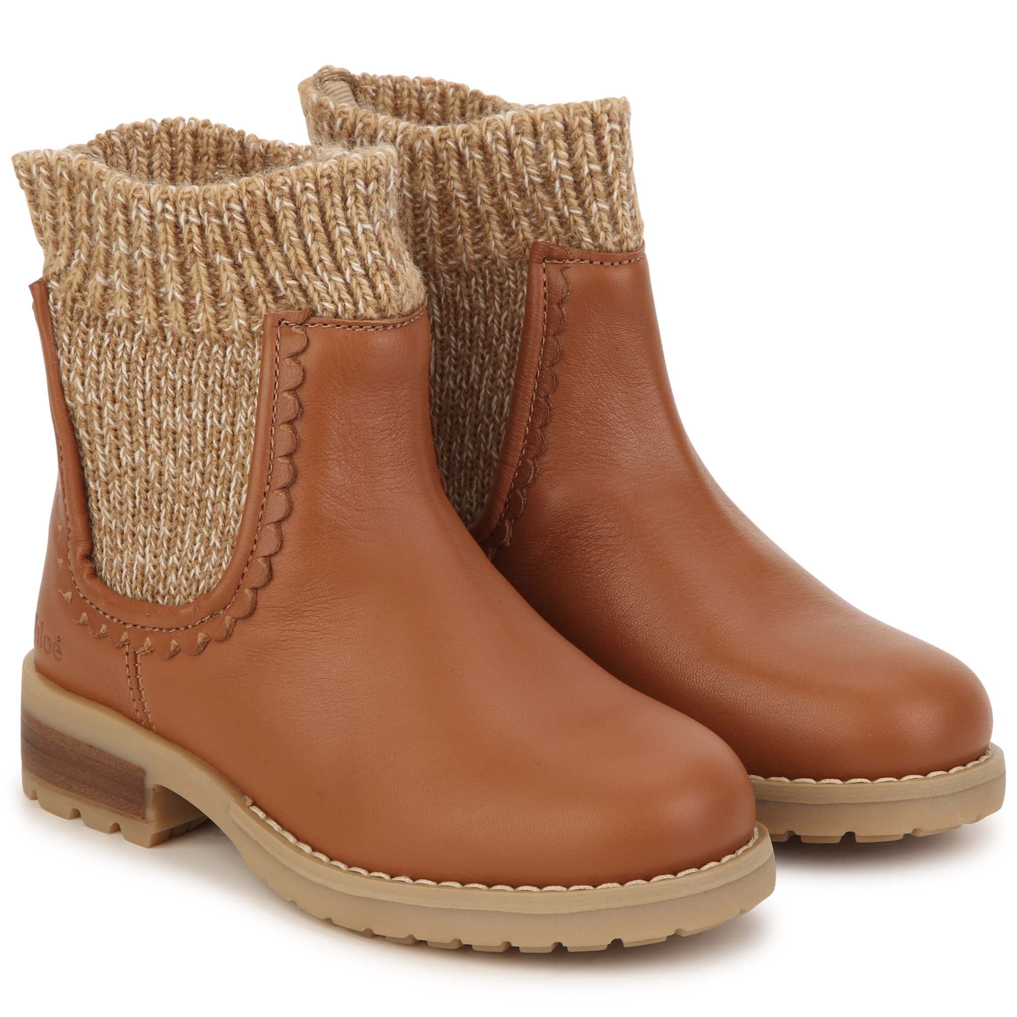 Bottines en cuir et tricot - Roux
