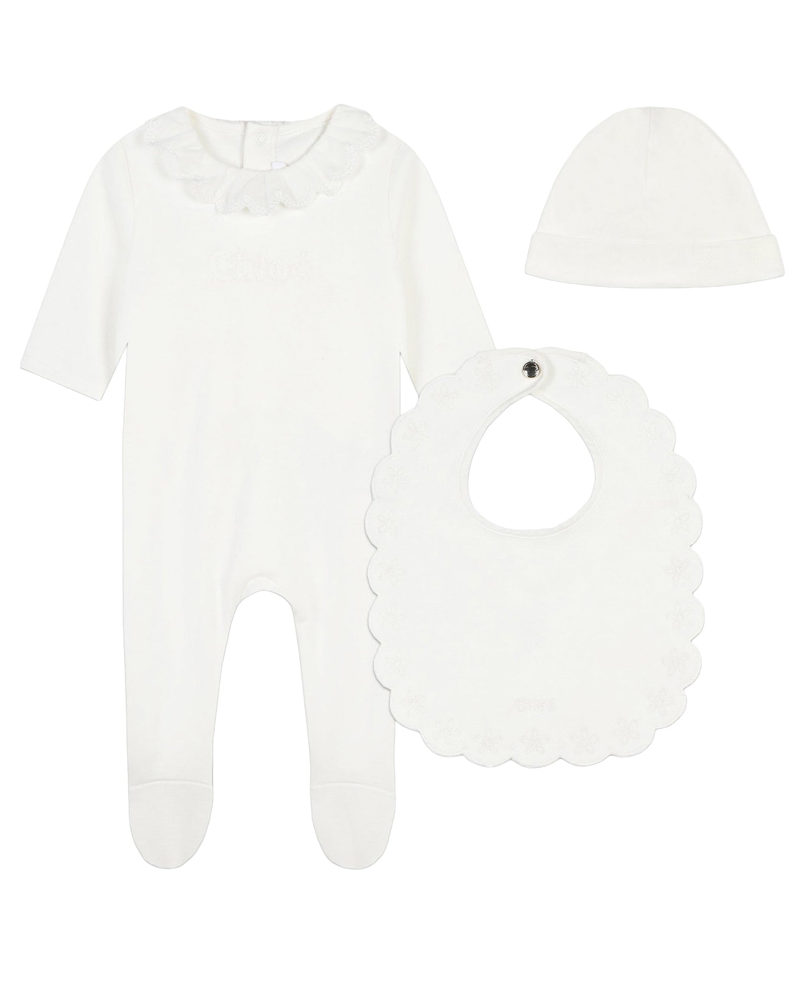Cotton bib and bonnet pyjama set - Off White