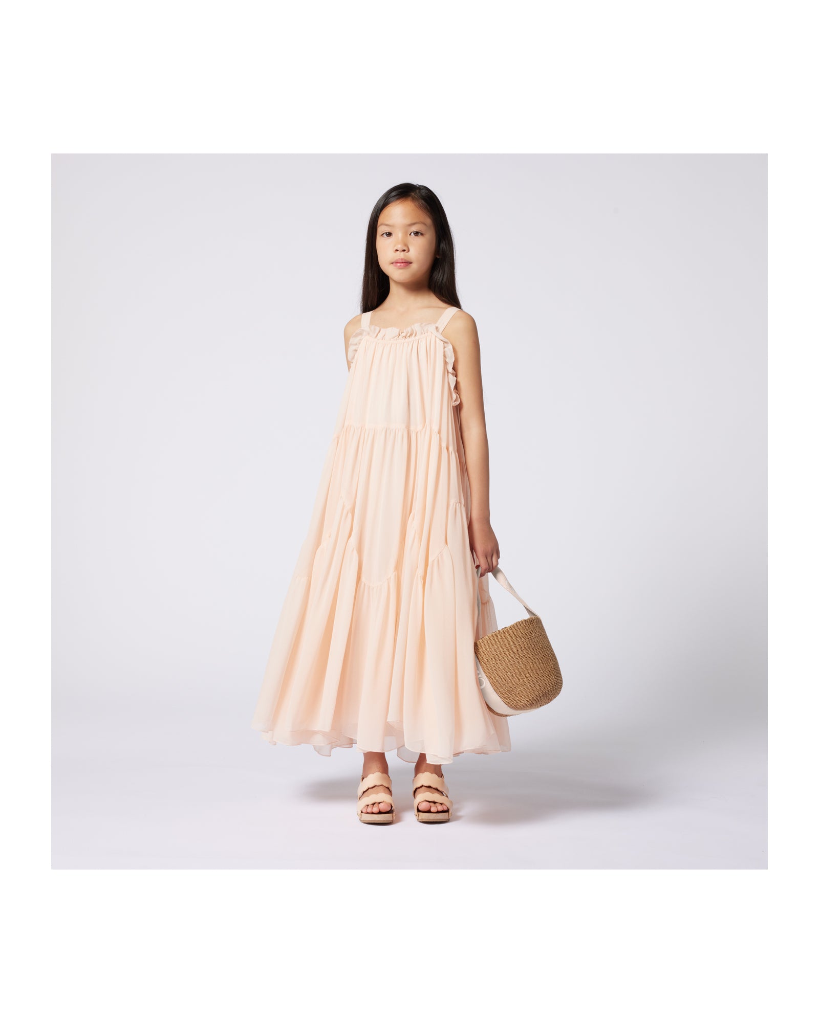 Robe longue volantées en crêpe de soie - Petal Pink