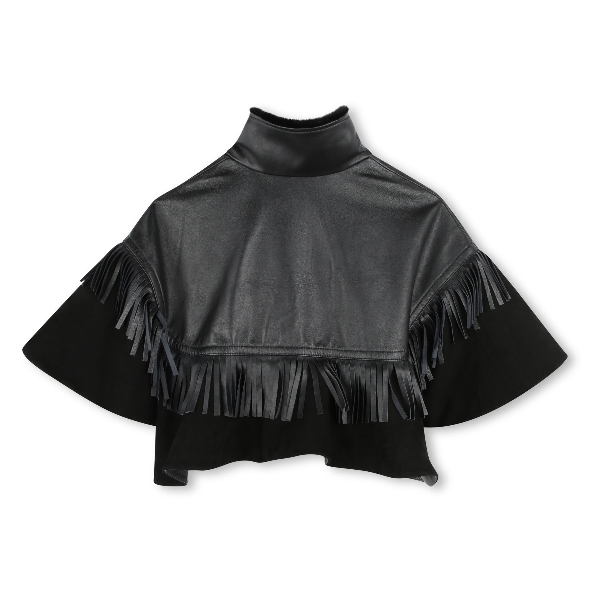 Cape col montant à franges en cuir - Black