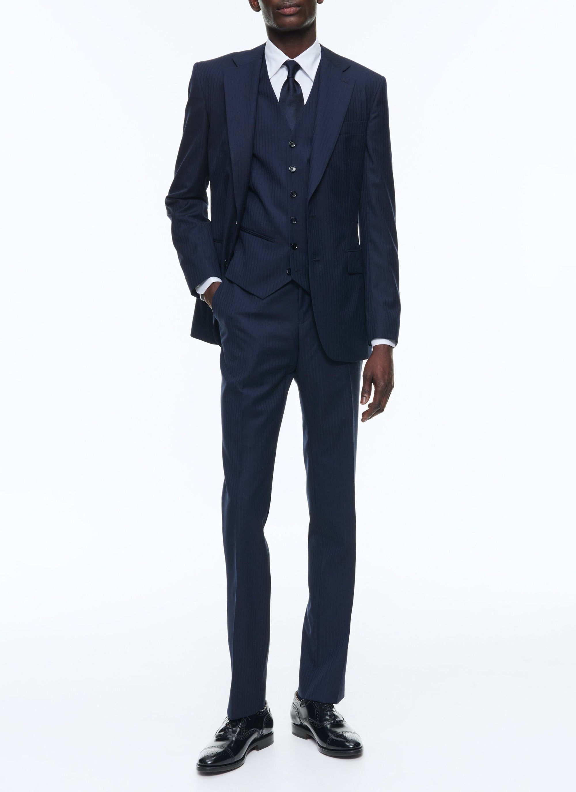 Costume ajustée à rayures en laine - Marine