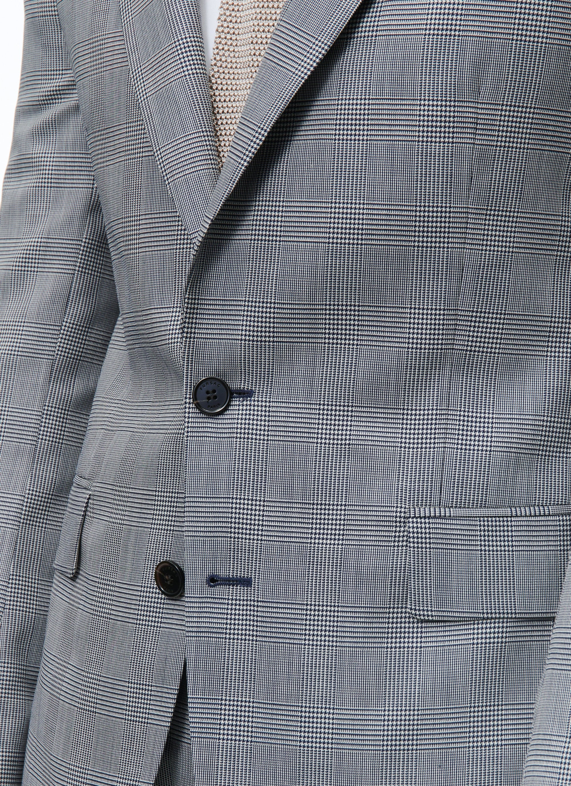 Costume ajusté à motif Prince de Galles en laine - Gris Bleu