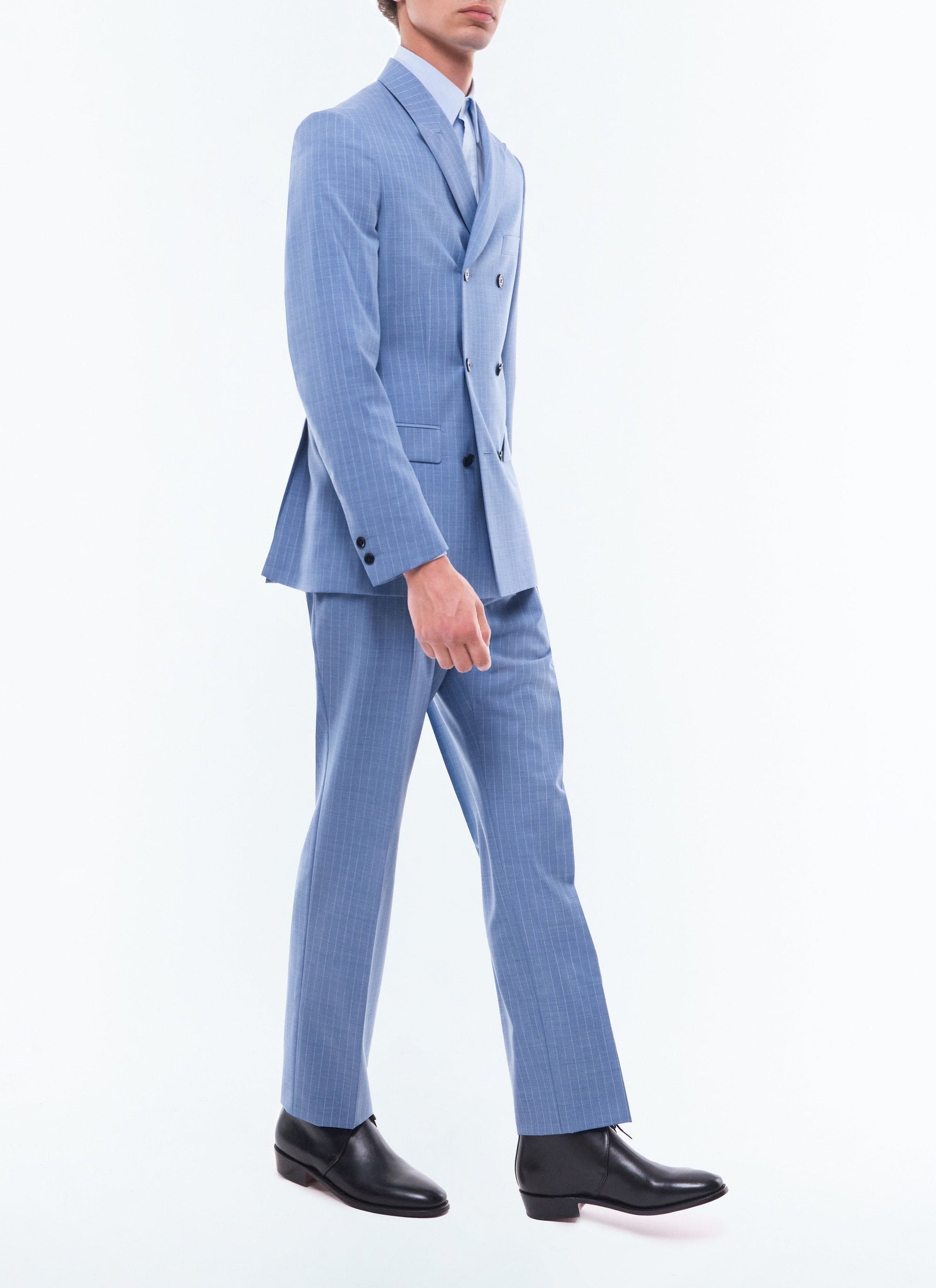 Costume croisé à rayures en laine - Bleu Clair