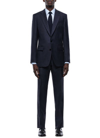 Costume ajusté et boutonné à rayures en laine - Bleu Marine