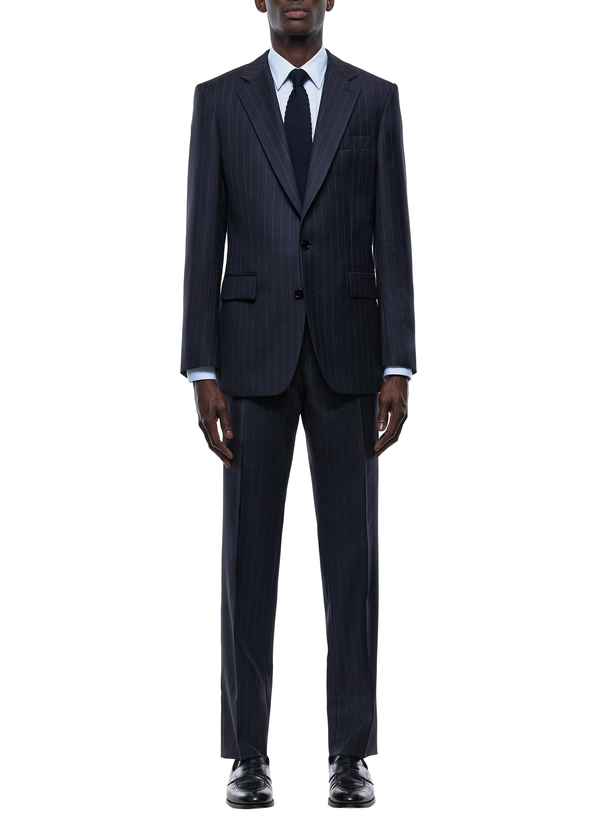Costume ajusté et boutonné à rayures en laine - Bleu Marine
