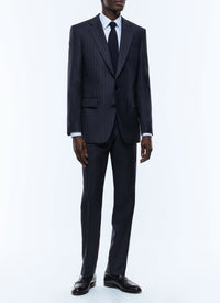 Costume ajusté et boutonné à rayures en laine - Bleu Marine