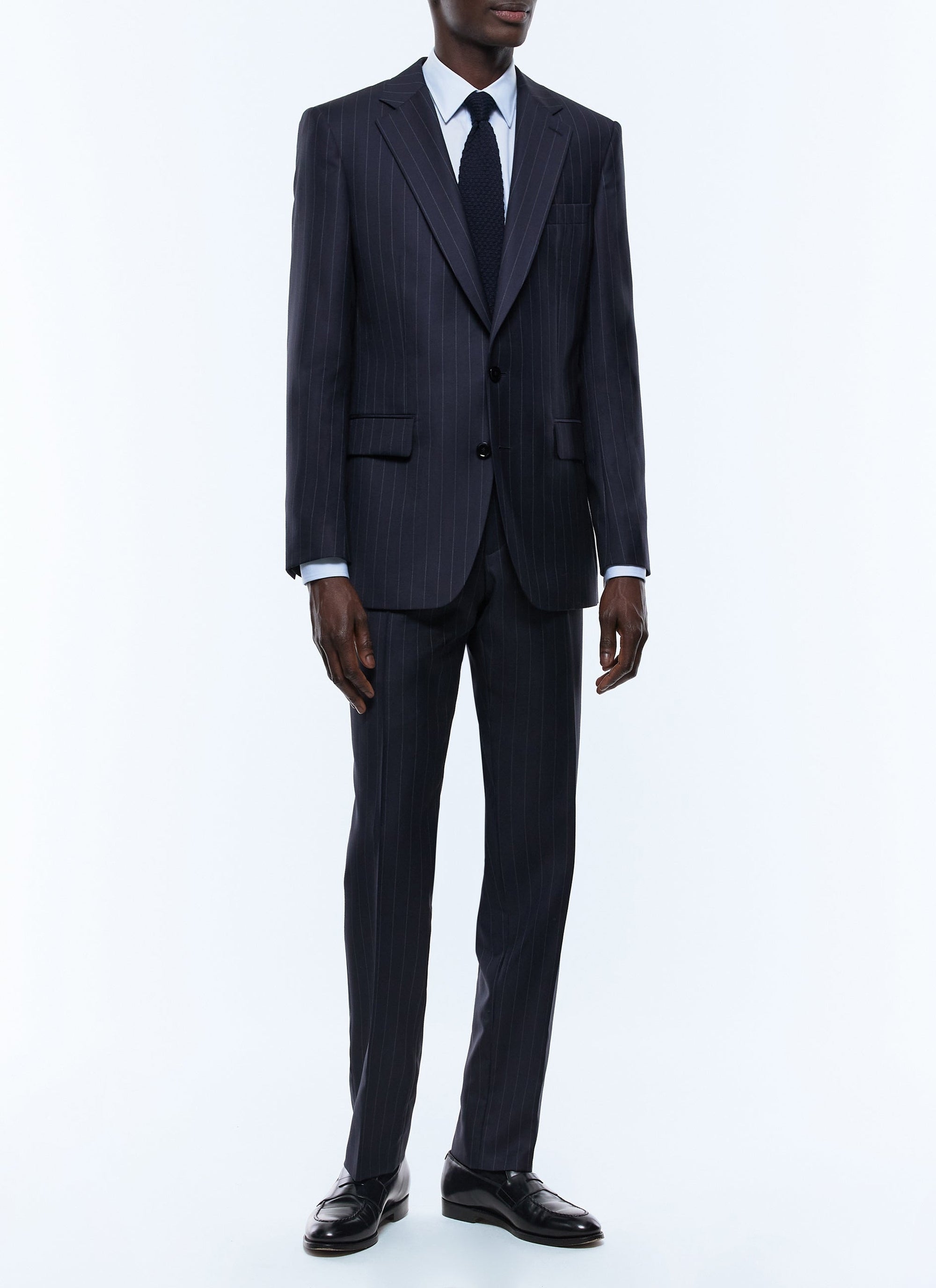 Costume ajusté et boutonné à rayures en laine - Bleu Marine
