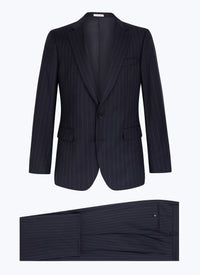 Costume ajusté et boutonné à rayures en laine - Bleu Marine