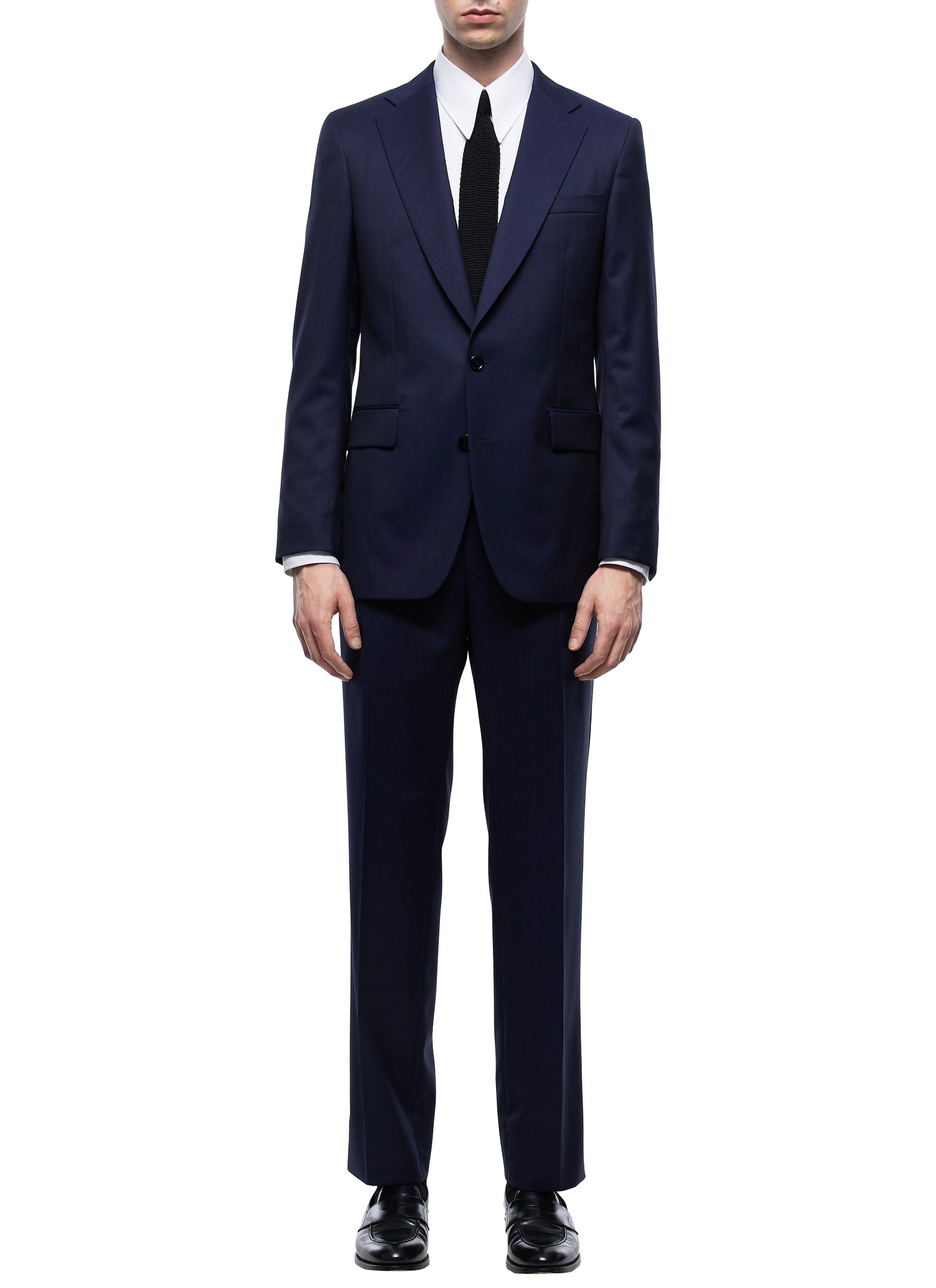 Costume ajusté et boutonné rayures en laine - Bleu Marine