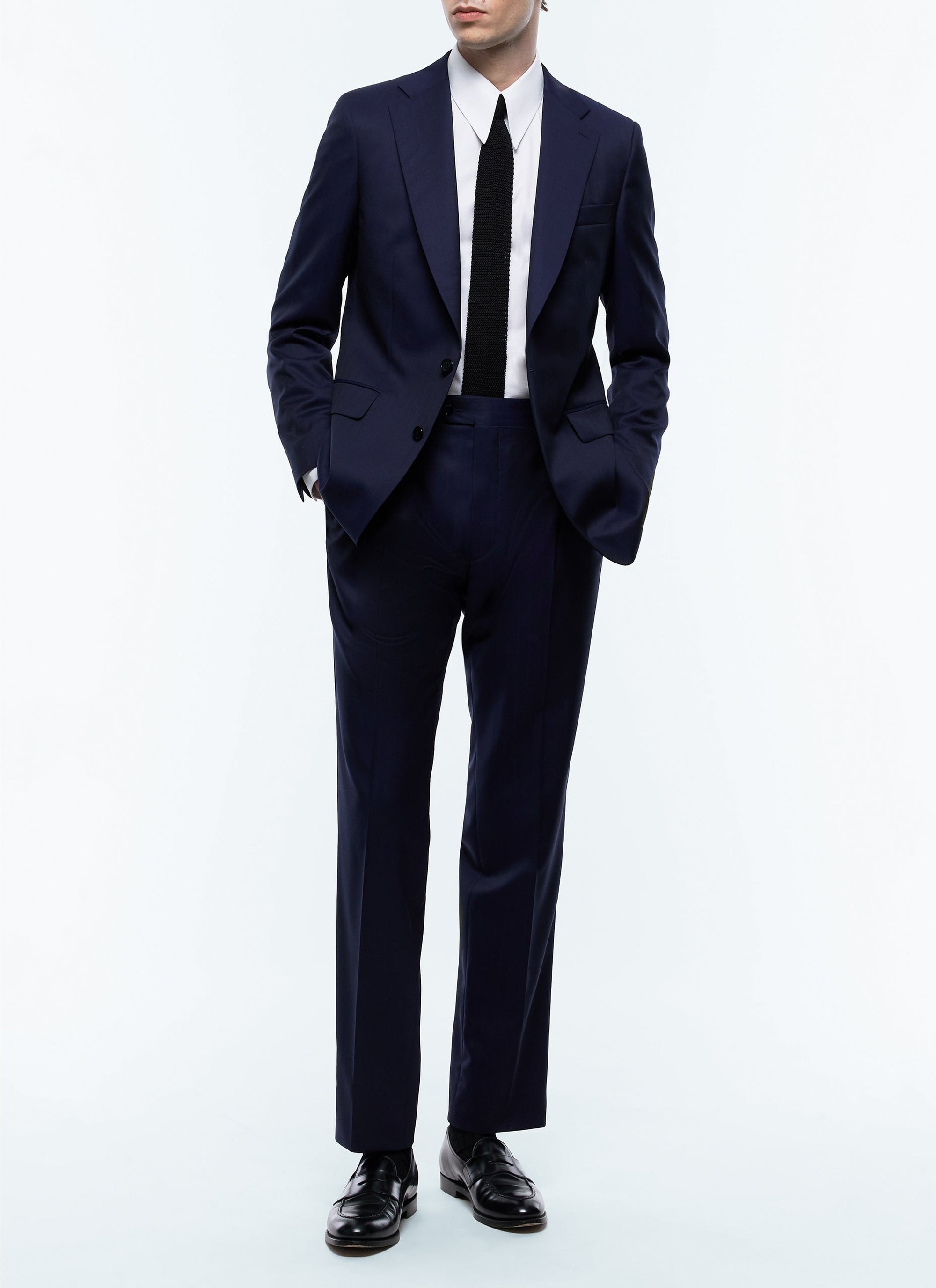 Costume ajusté et boutonné rayures en laine - Bleu Marine