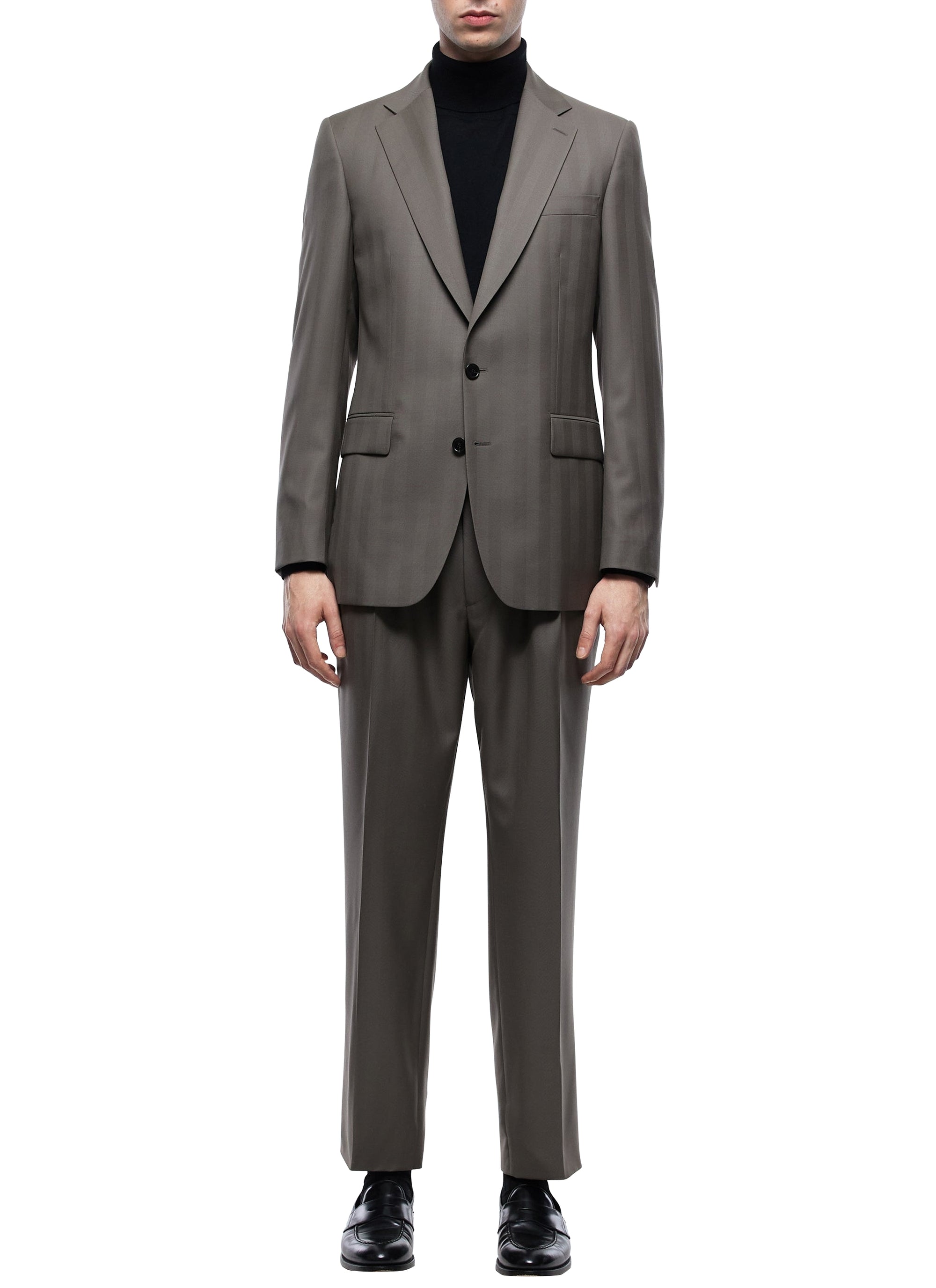 Costume ajusté et boutonné à chevrons en laine - Taupe