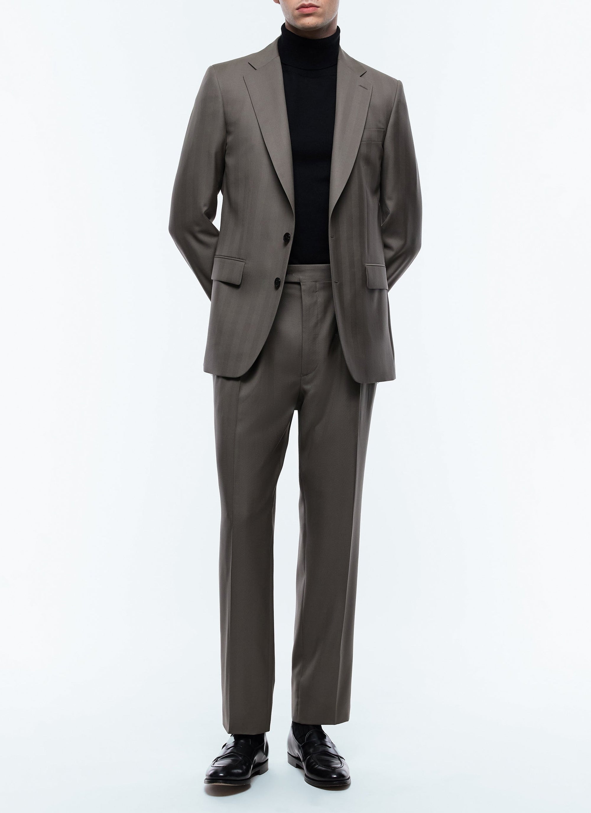 Costume ajusté et boutonné à chevrons en laine - Taupe