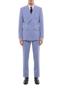 Costume 2 pièces croisé en laine et lin - Bleu Pastel
