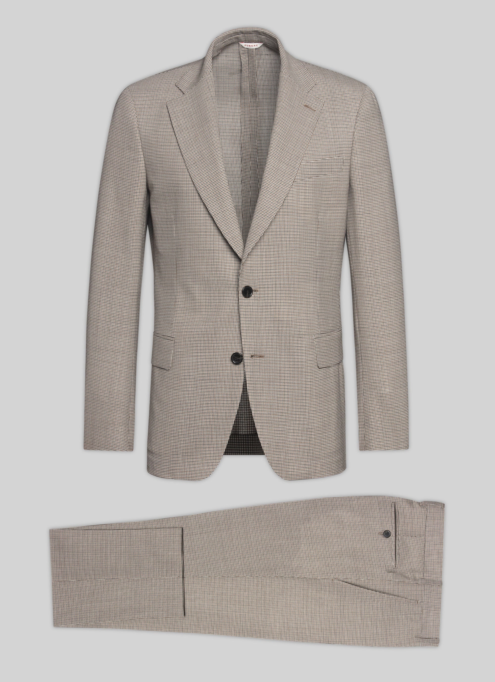 Costume en natté de laine à motif pied de poule - Chataigne