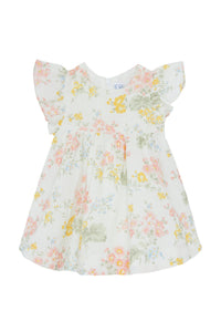Robe fleurie à manches volantées en lin - Écru