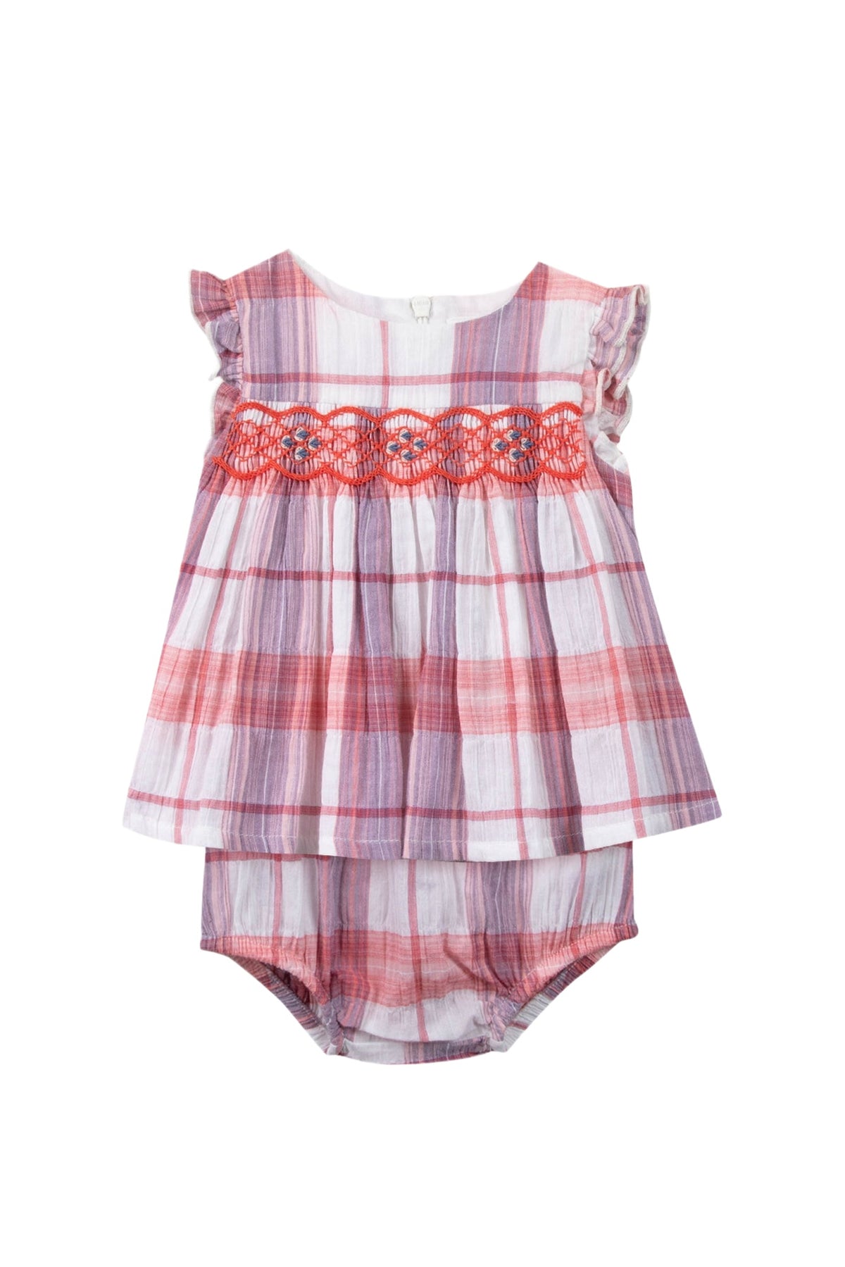 Ensemble robe et bloomer à carreaux en coton - Corail
